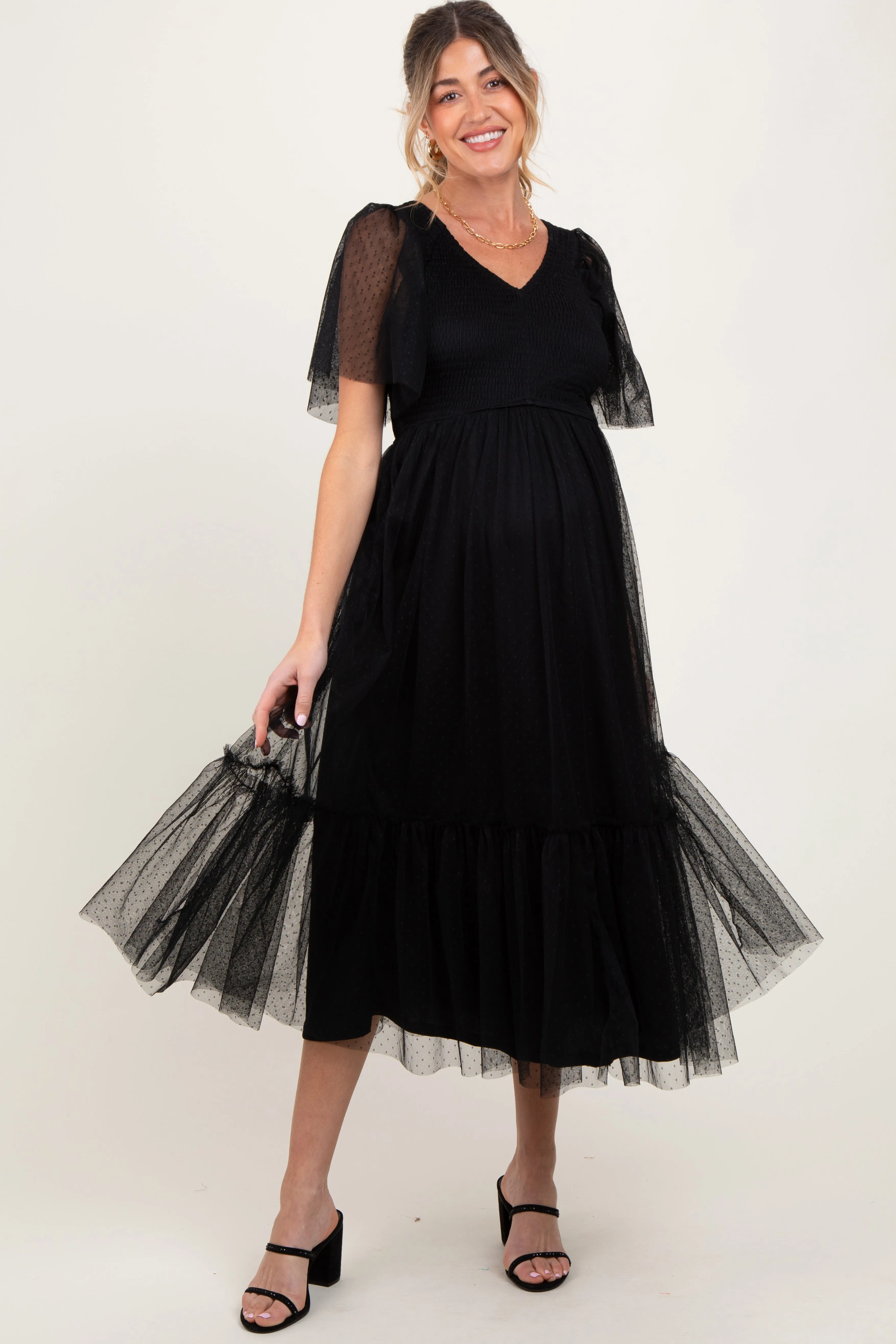 Black Dotted Tulle Smocked Maternity Midi Dress sold by Pinkblush product image thumbnail 2