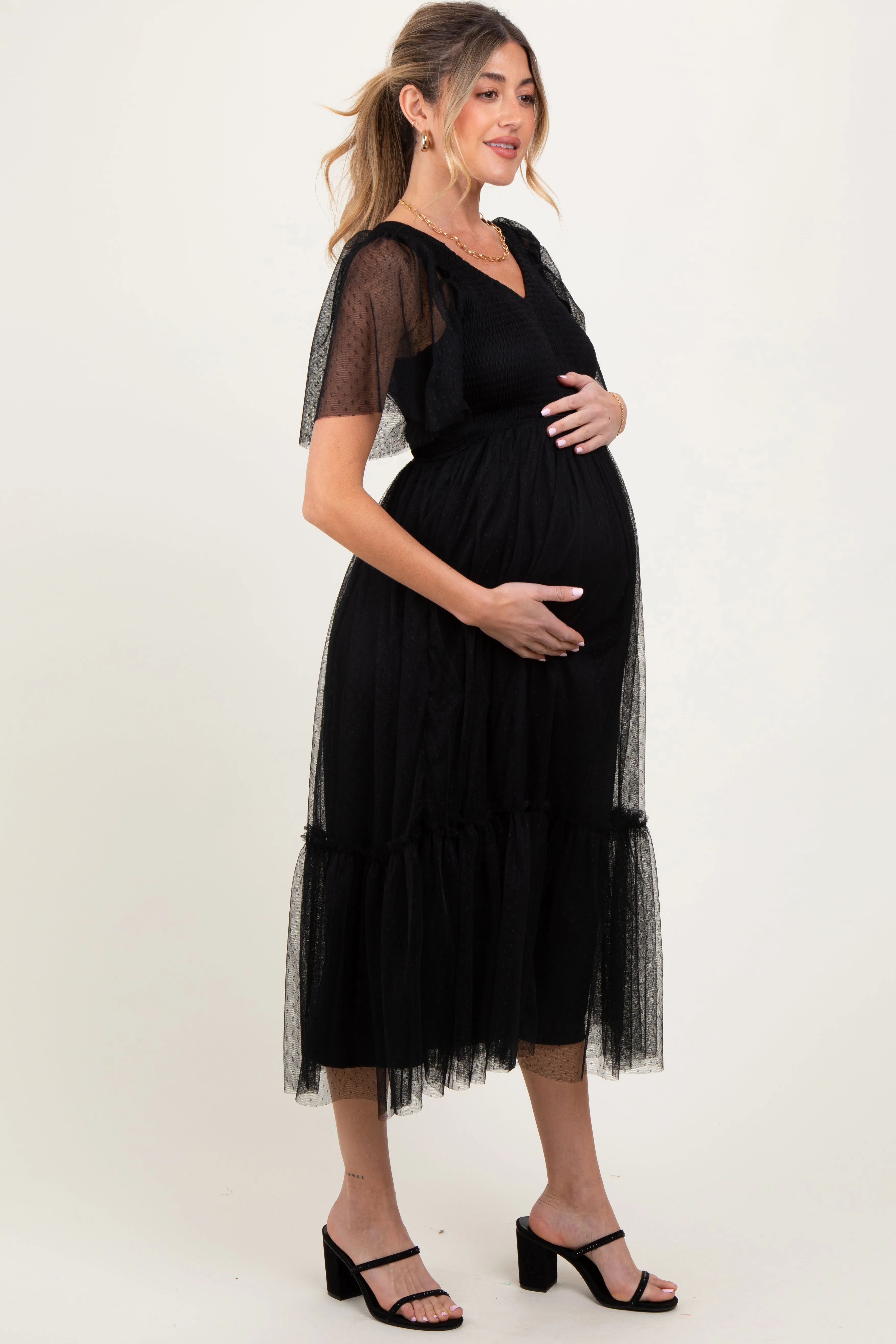 Black Dotted Tulle Smocked Maternity Midi Dress sold by Pinkblush product image thumbnail 3