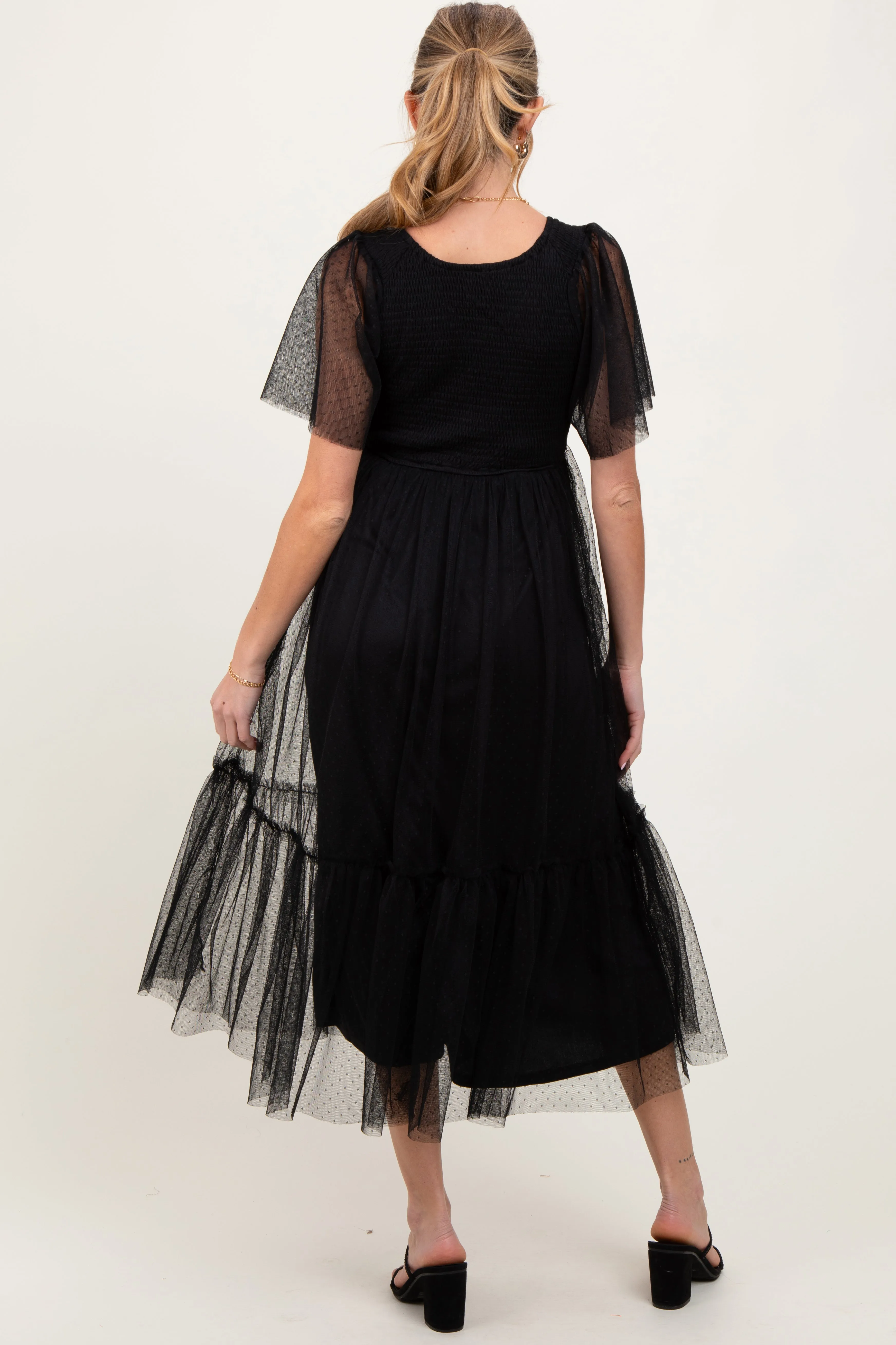 Black Dotted Tulle Smocked Maternity Midi Dress sold by Pinkblush product image thumbnail 4