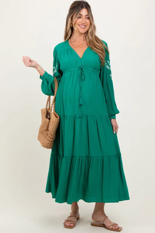 Jade Embroidered Long Sleeve Maternity Maxi Dress sold by Pinkblush