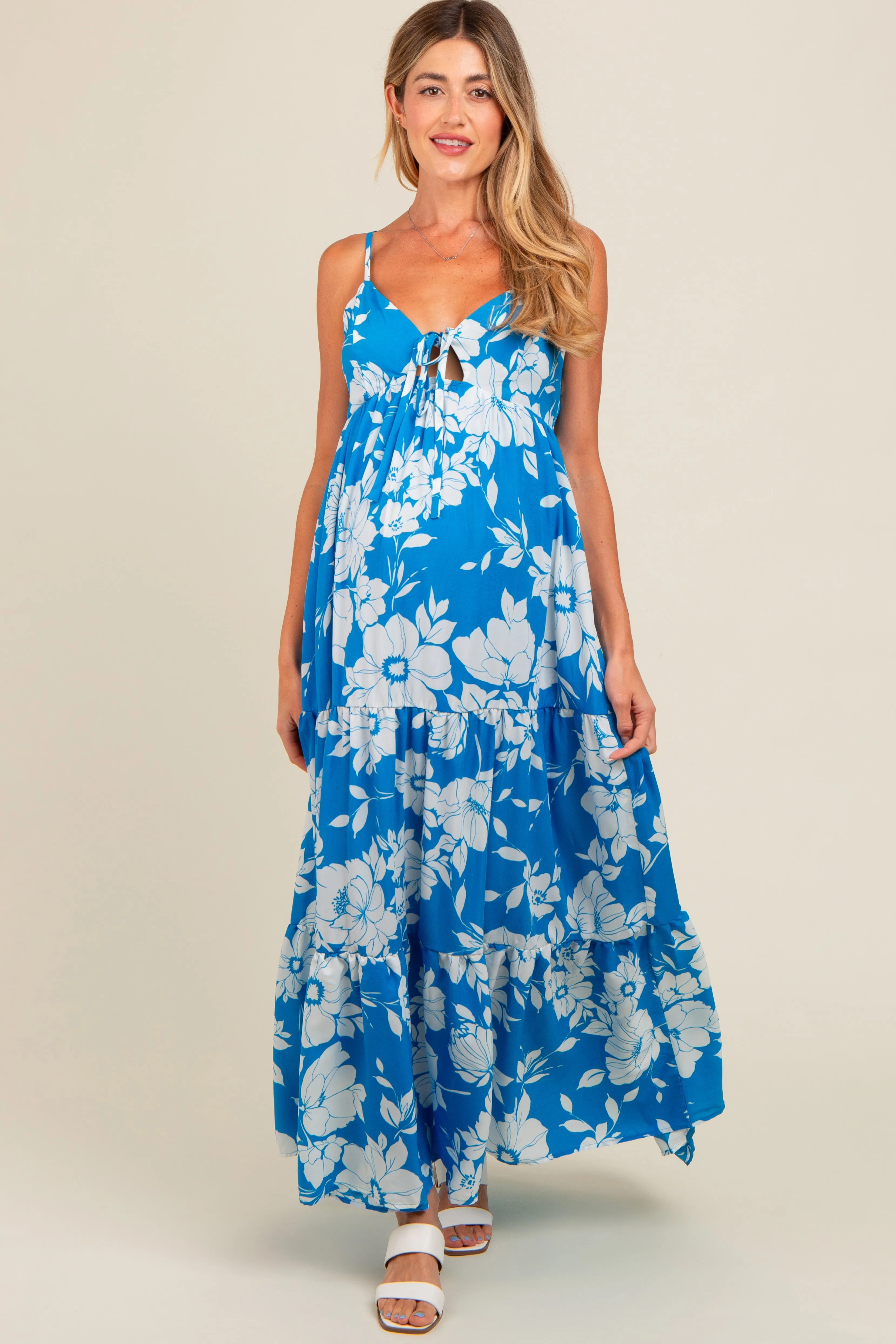 Royal Tropical Floral Open Back Maternity Maxi Dress sold by Pinkblush