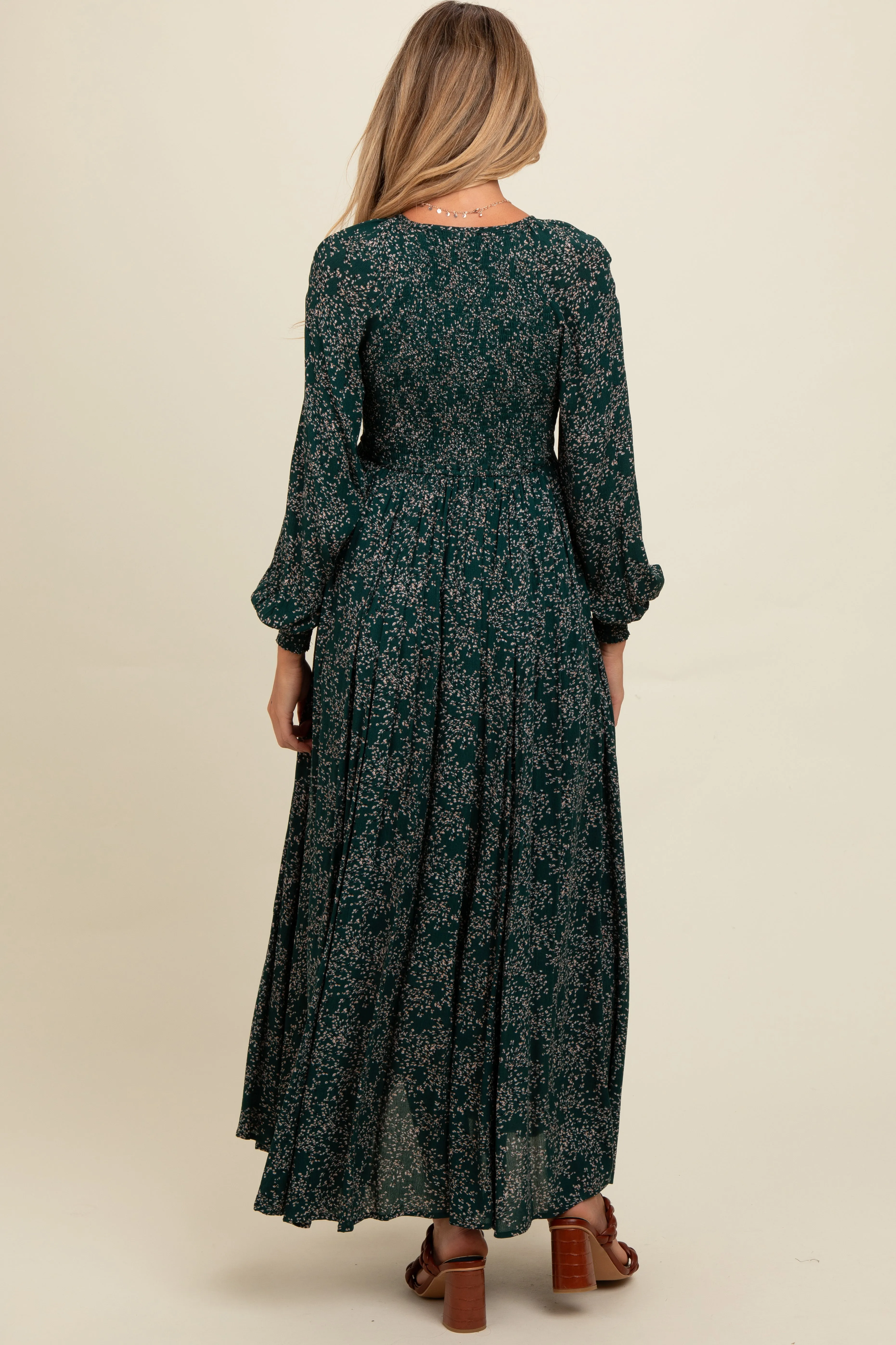 Forest Green Floral Smocked Button Detail Maternity Maxi Dress sold by Pinkblush product image thumbnail 4