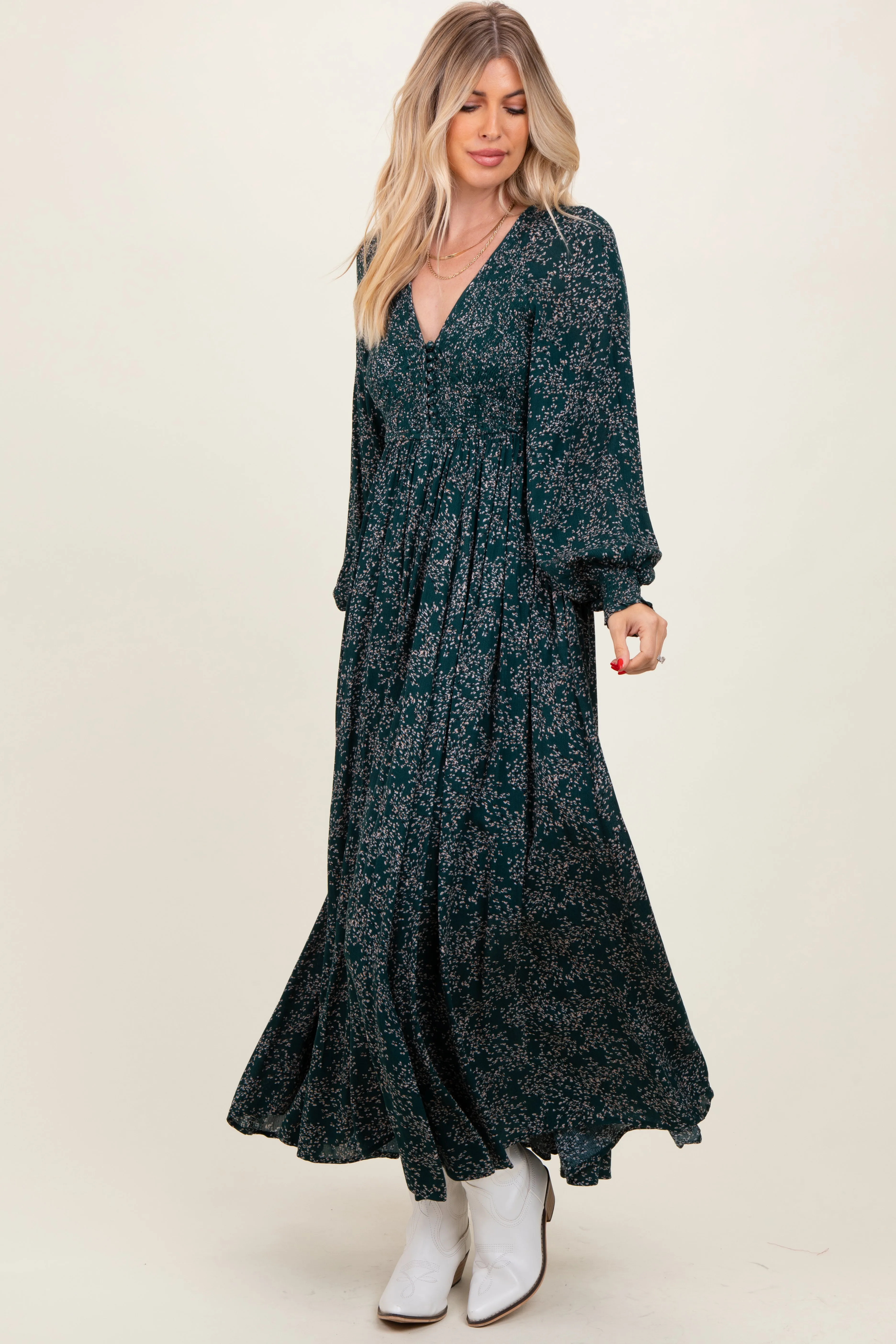 Forest Green Floral Smocked Button Detail Maxi Dress sold by Pinkblush product image thumbnail 4