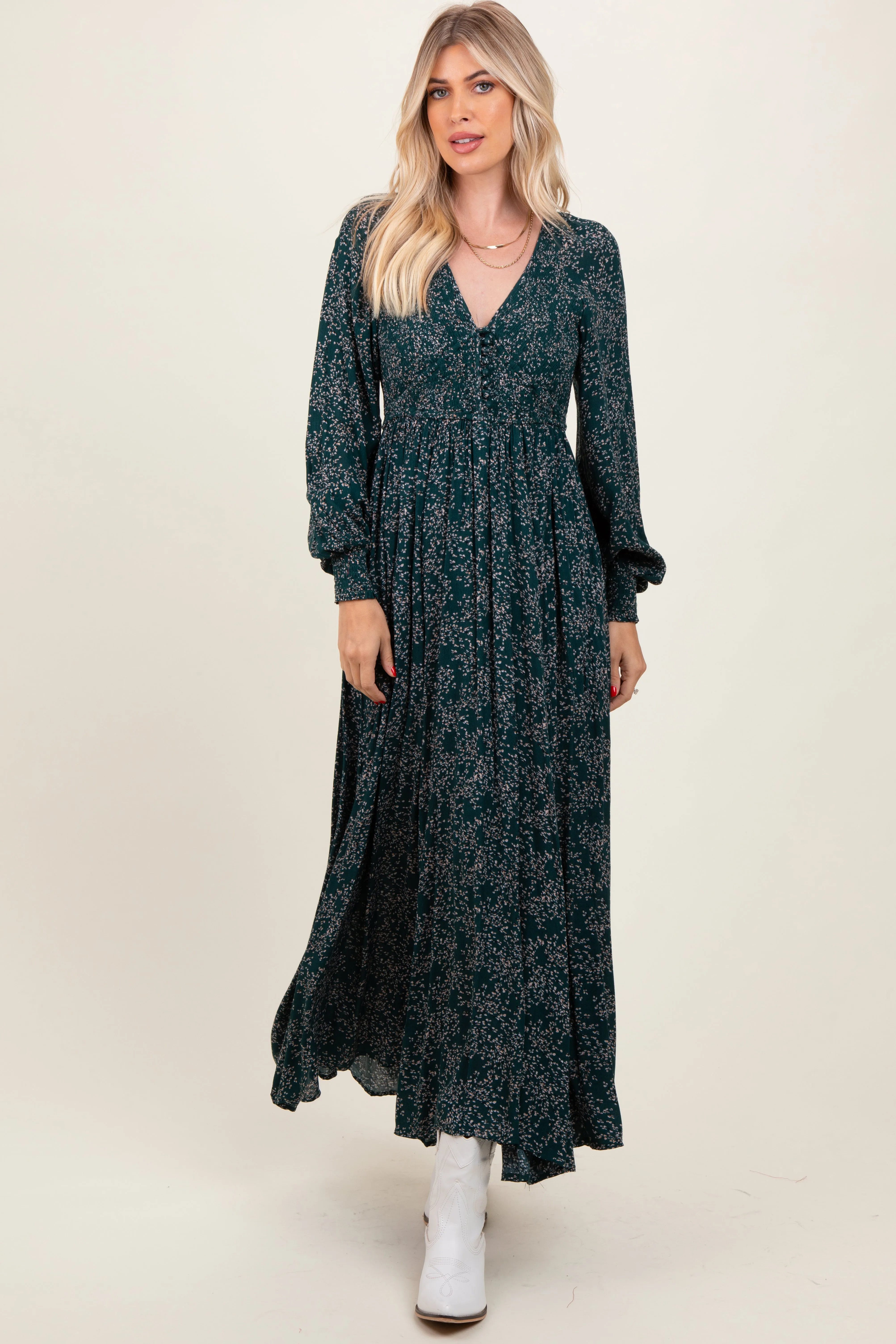Forest Green Floral Smocked Button Detail Maxi Dress sold by Pinkblush