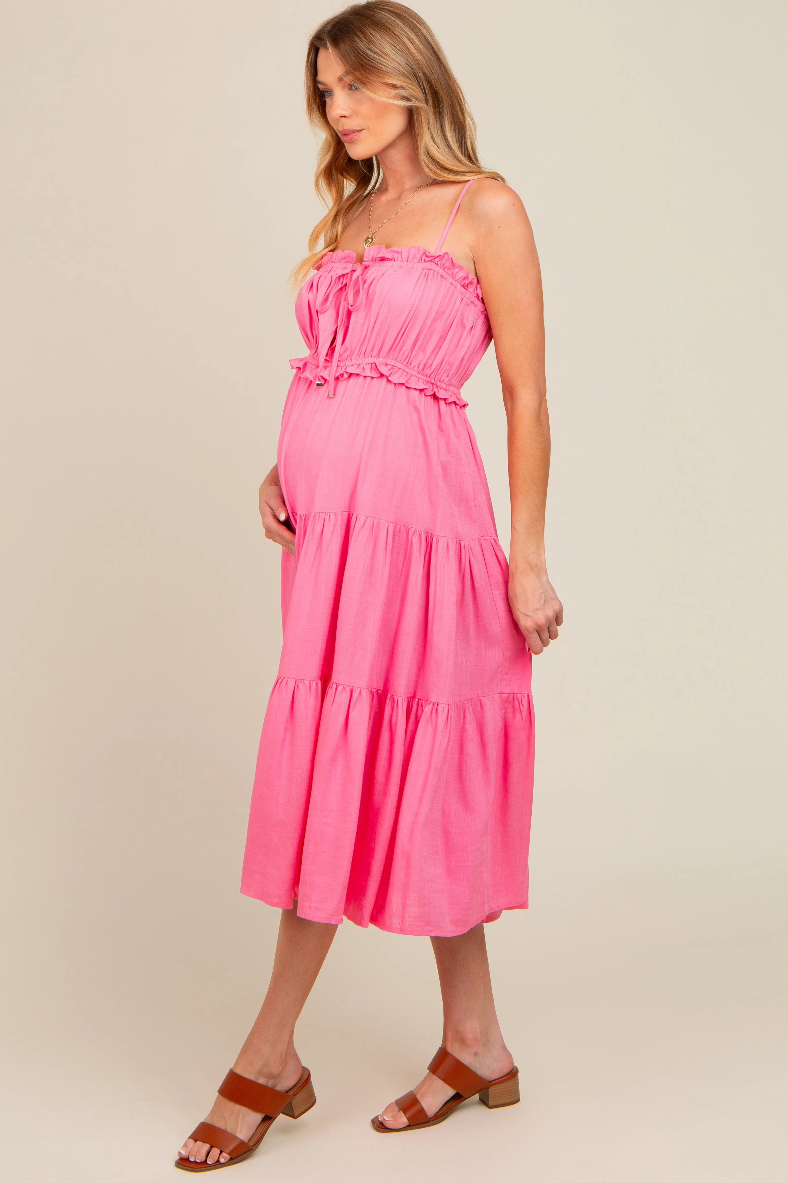 Fuchsia Front Tie Cutout Tiered Maternity Midi Dress sold by Pinkblush product image thumbnail 2