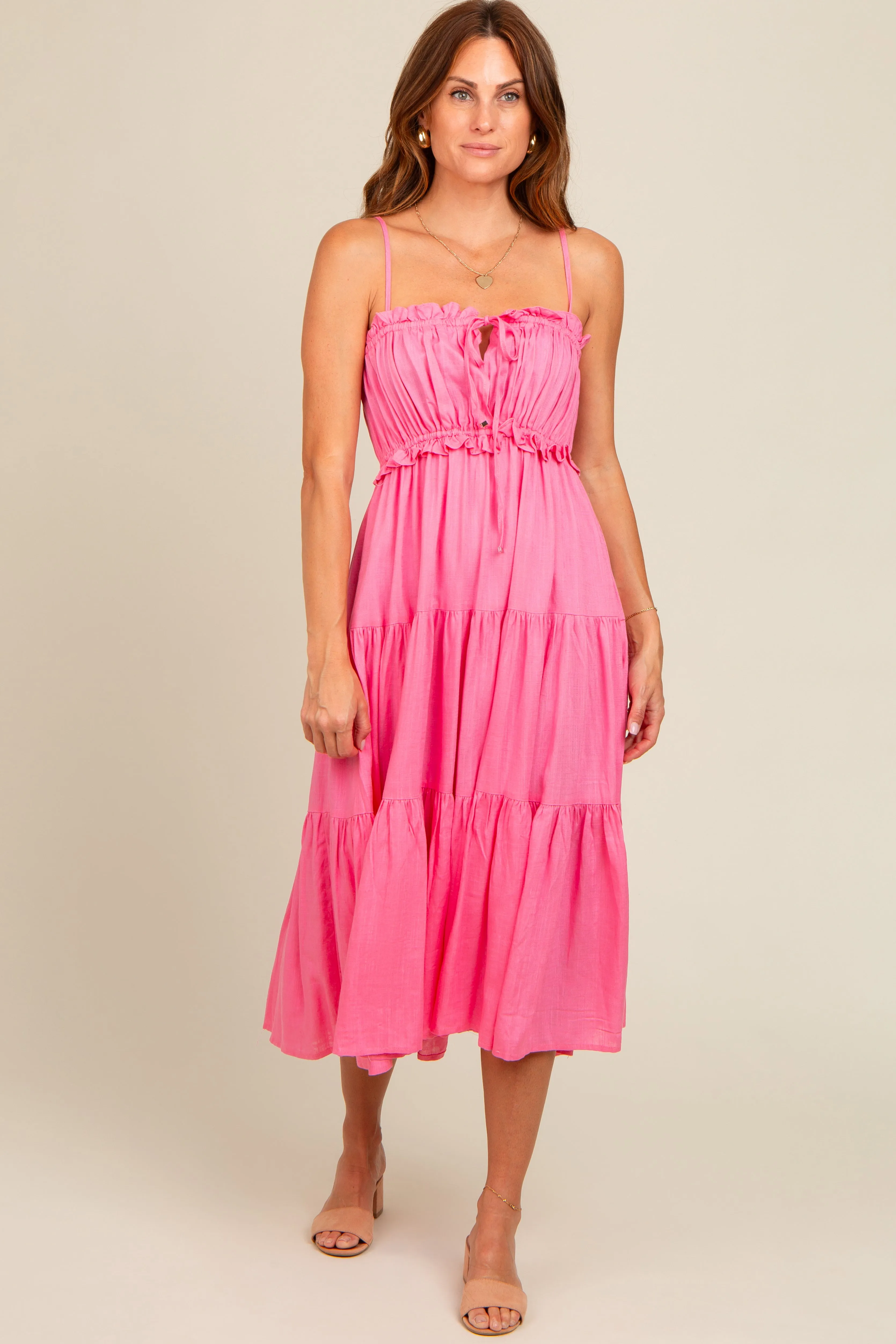 Fuchsia Front Tie Cutout Tiered Maternity Midi Dress sold by Pinkblush product image thumbnail 4