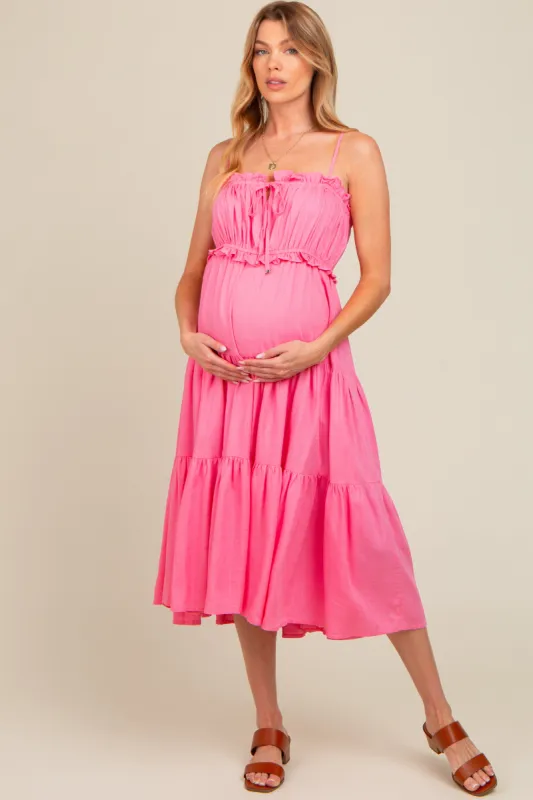 Fuchsia Front Tie Cutout Tiered Maternity Midi Dress sold by Pinkblush