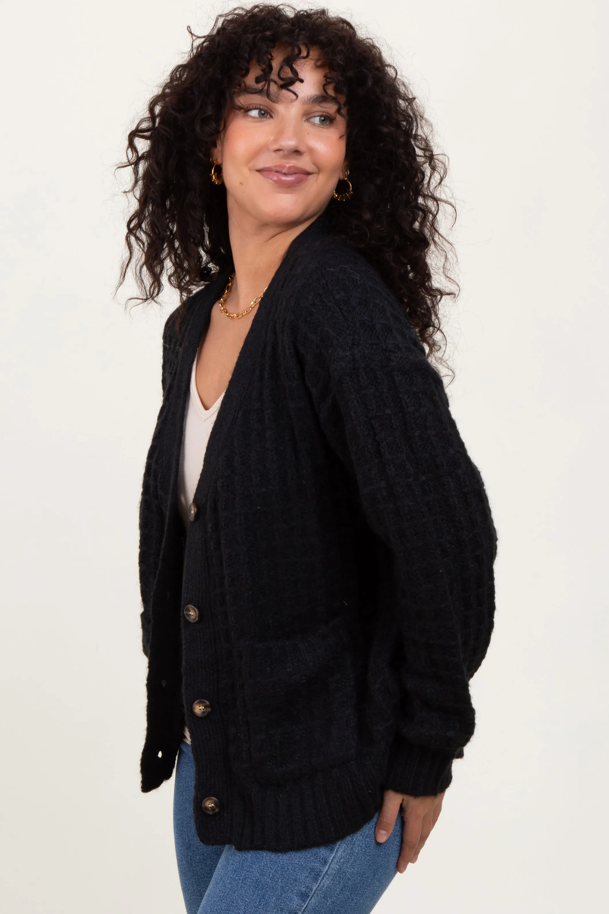 Black Waffle Knit Button Up Cardigan sold by Pinkblush product image thumbnail 2