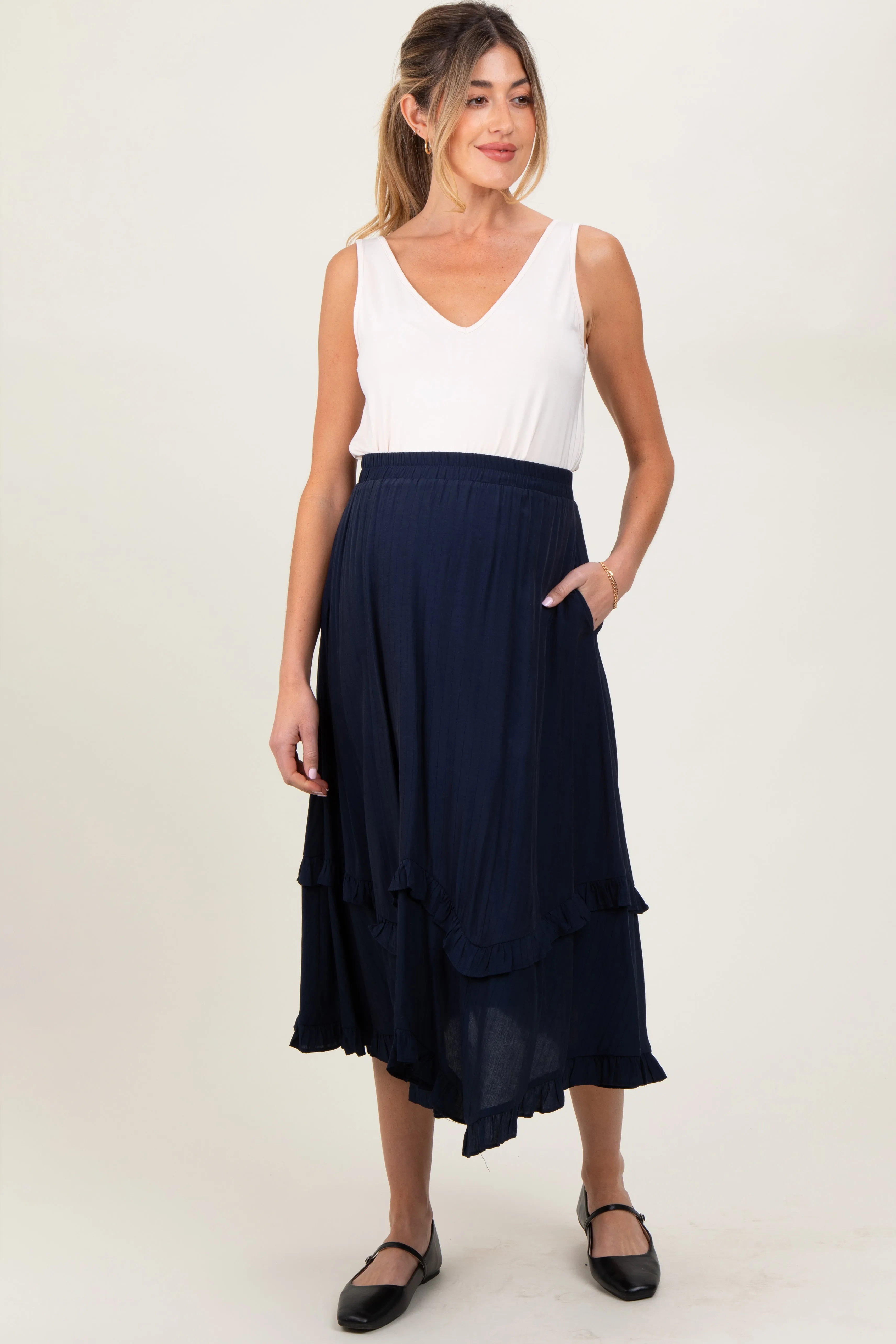 Navy Ruffle Tiered Maternity Midi Skirt sold by Pinkblush product image thumbnail 2