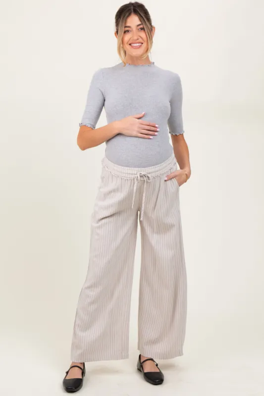 Cream Striped Drawstring Linen Blend Maternity Wide Leg Pants sold by Pinkblush