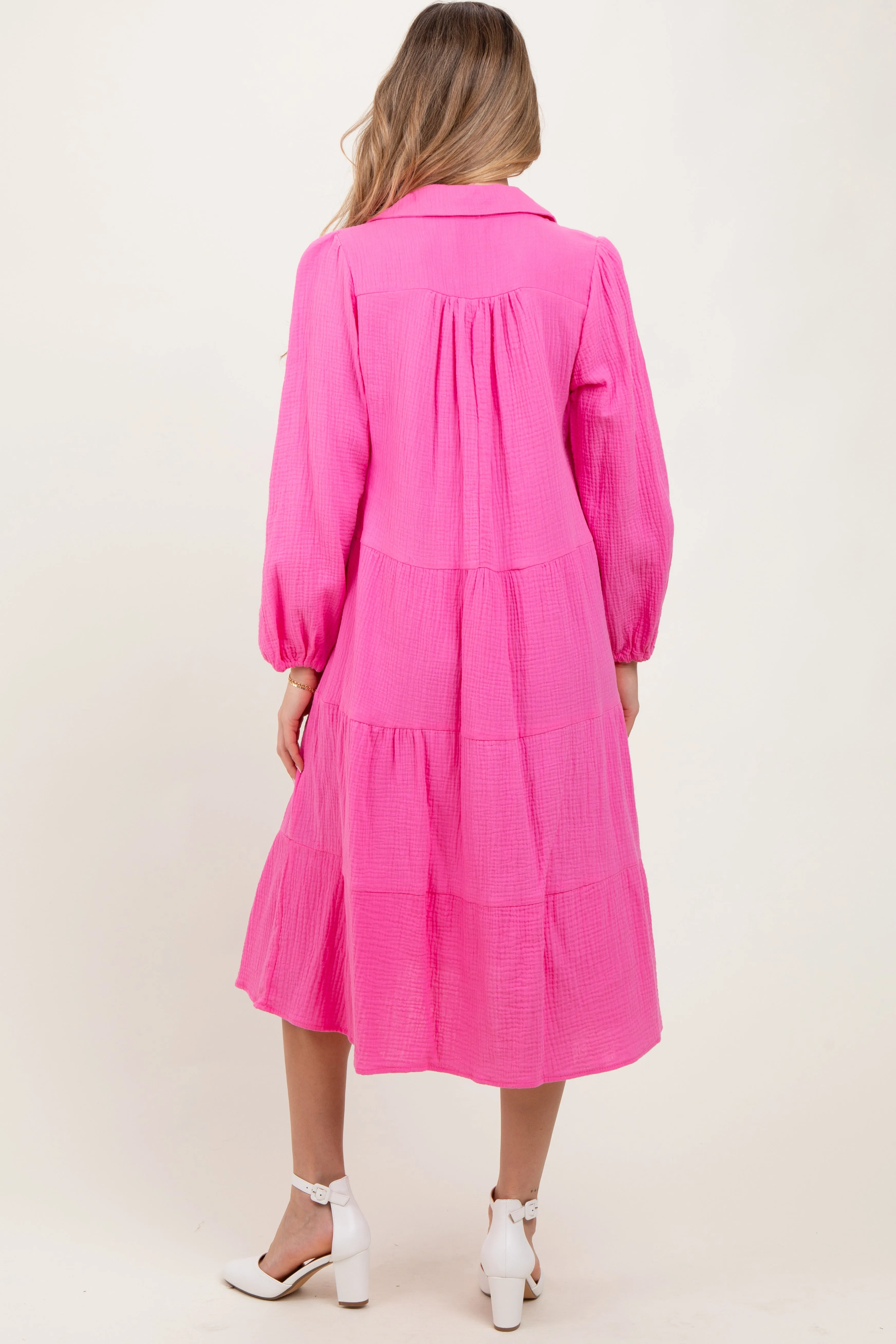 Fuchsia Light Weight Collared Tiered Maternity Midi Dress sold by Pinkblush product image thumbnail 3