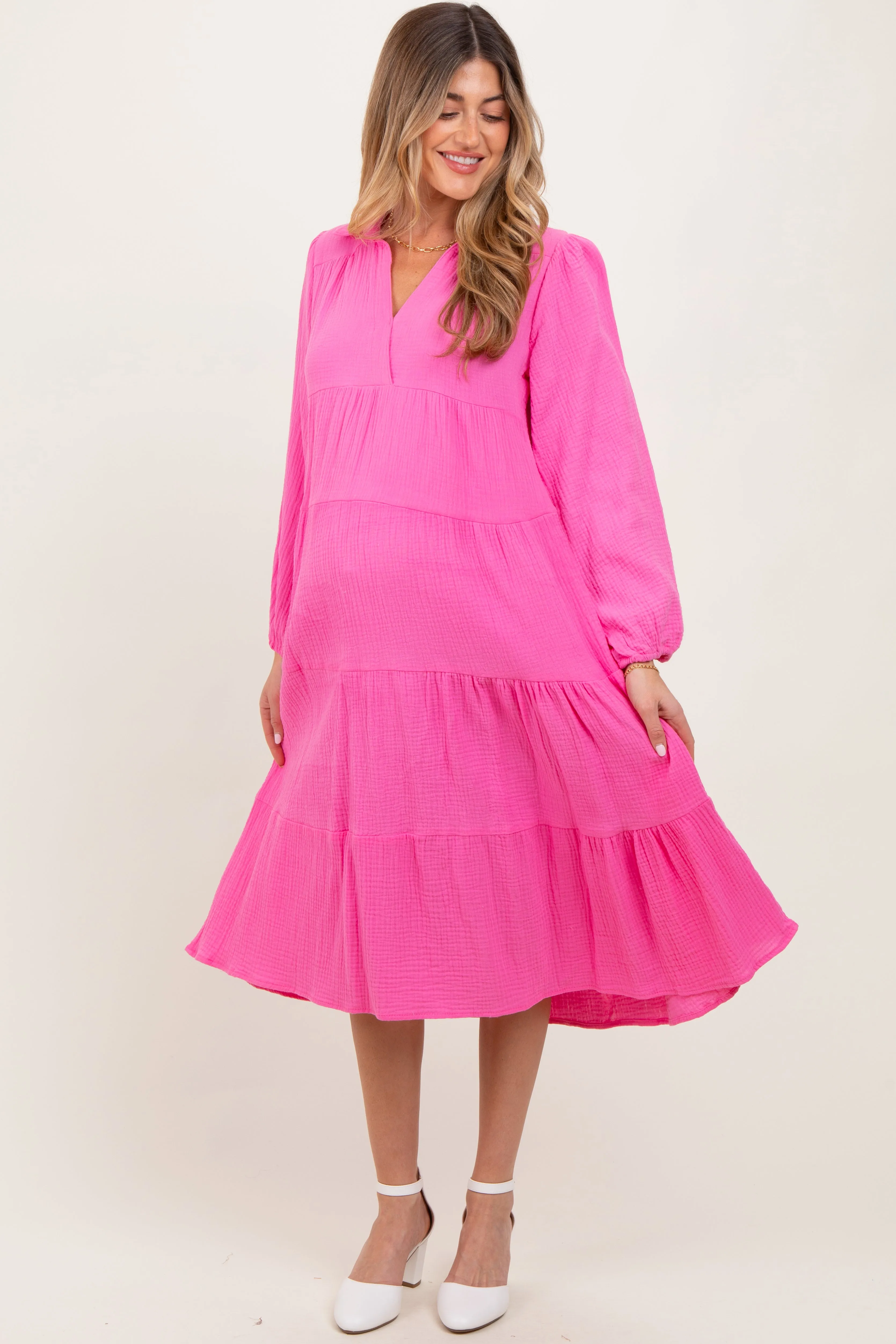 Fuchsia Light Weight Collared Tiered Maternity Midi Dress sold by Pinkblush