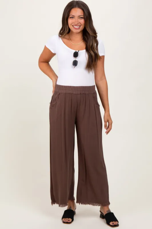 Brown Linen Frayed Hem Crop Maternity Pants sold by Pinkblush