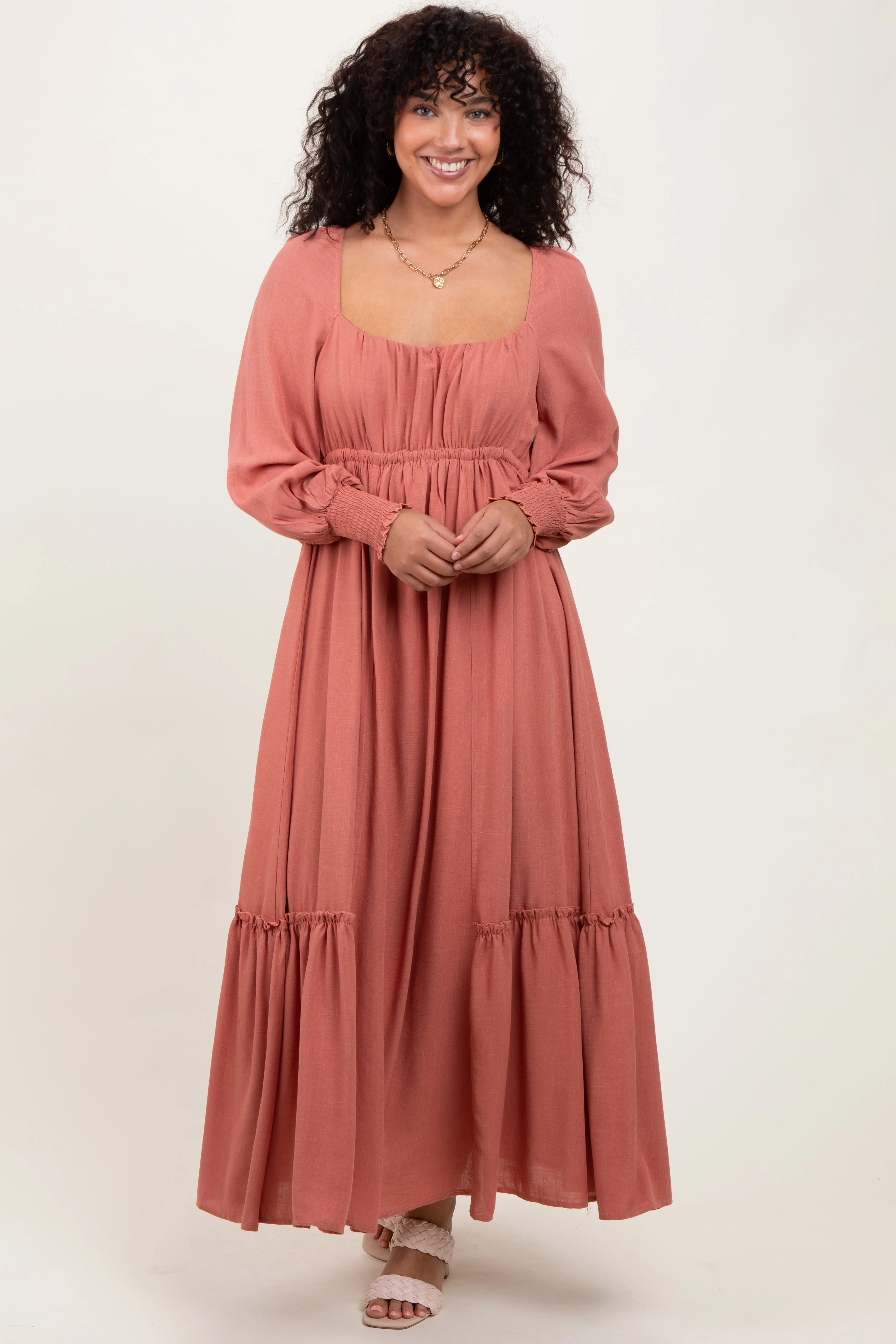 Mauve Square Neckline Bubble Sleeve Maxi Dress sold by Pinkblush