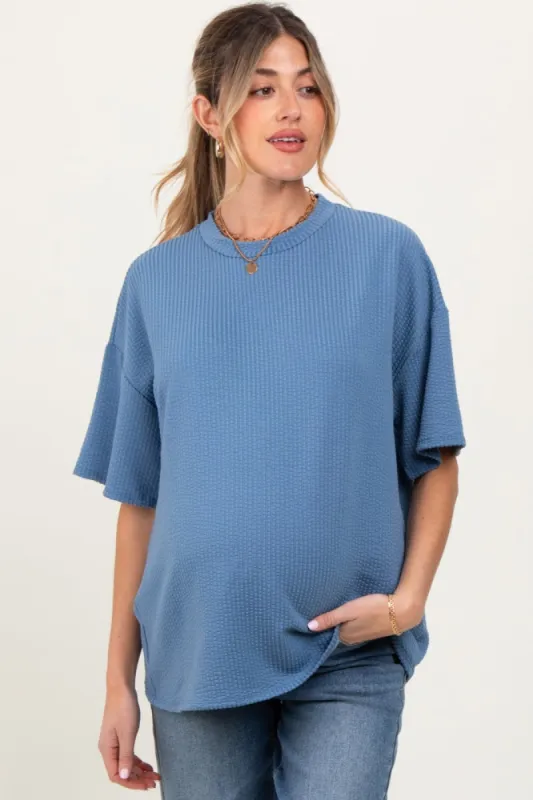 Blue Ribbed Short Sleeve Maternity Top sold by Pinkblush