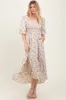 Ivory Floral Smocked Hi-Low Puff Sleeve Maxi Dress sold by Pinkblush
