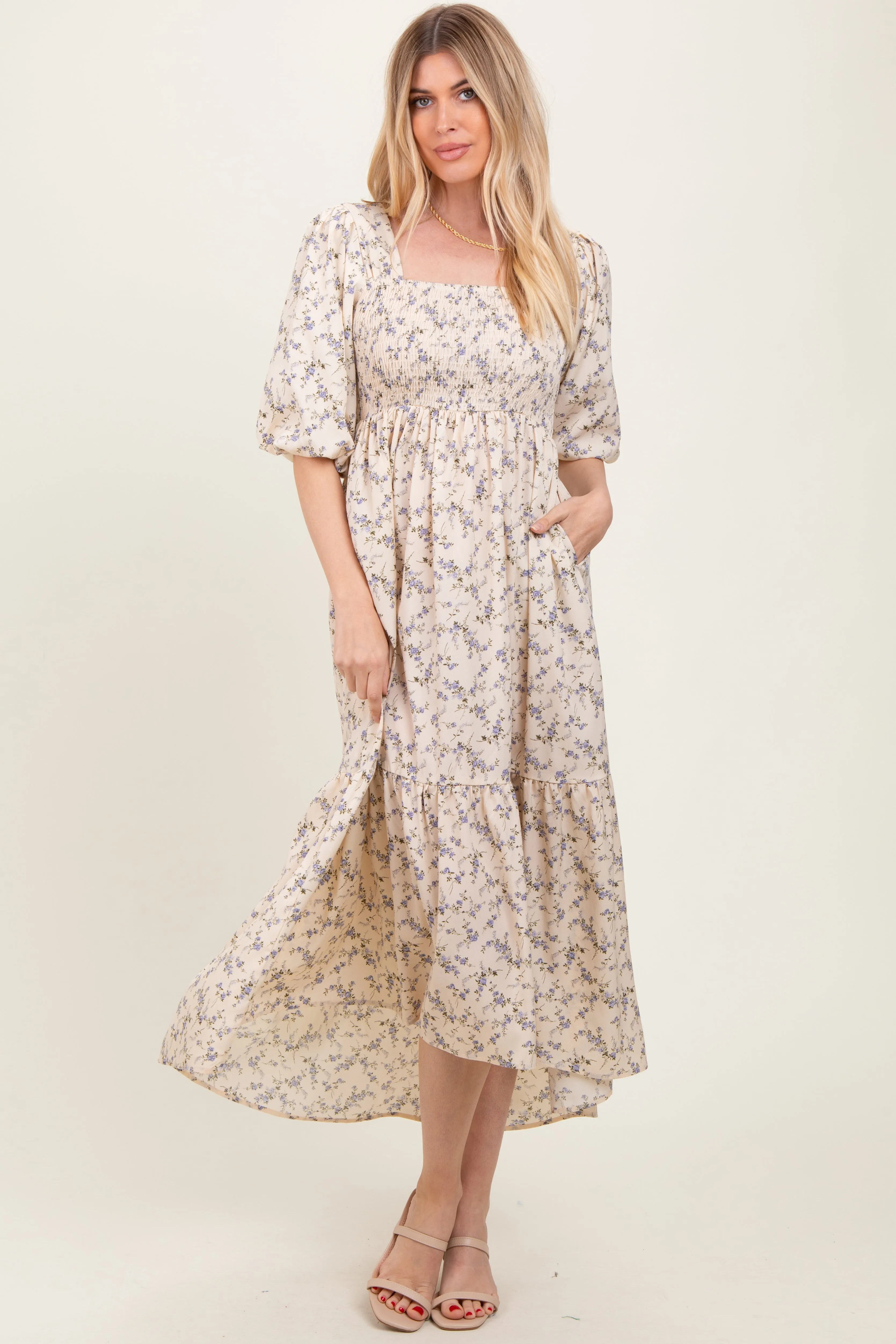 Ivory Floral Smocked Hi-Low Puff Sleeve Maxi Dress sold by Pinkblush product image thumbnail 2