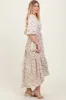 Ivory Floral Smocked Hi-Low Puff Sleeve Maxi Dress sold by Pinkblush