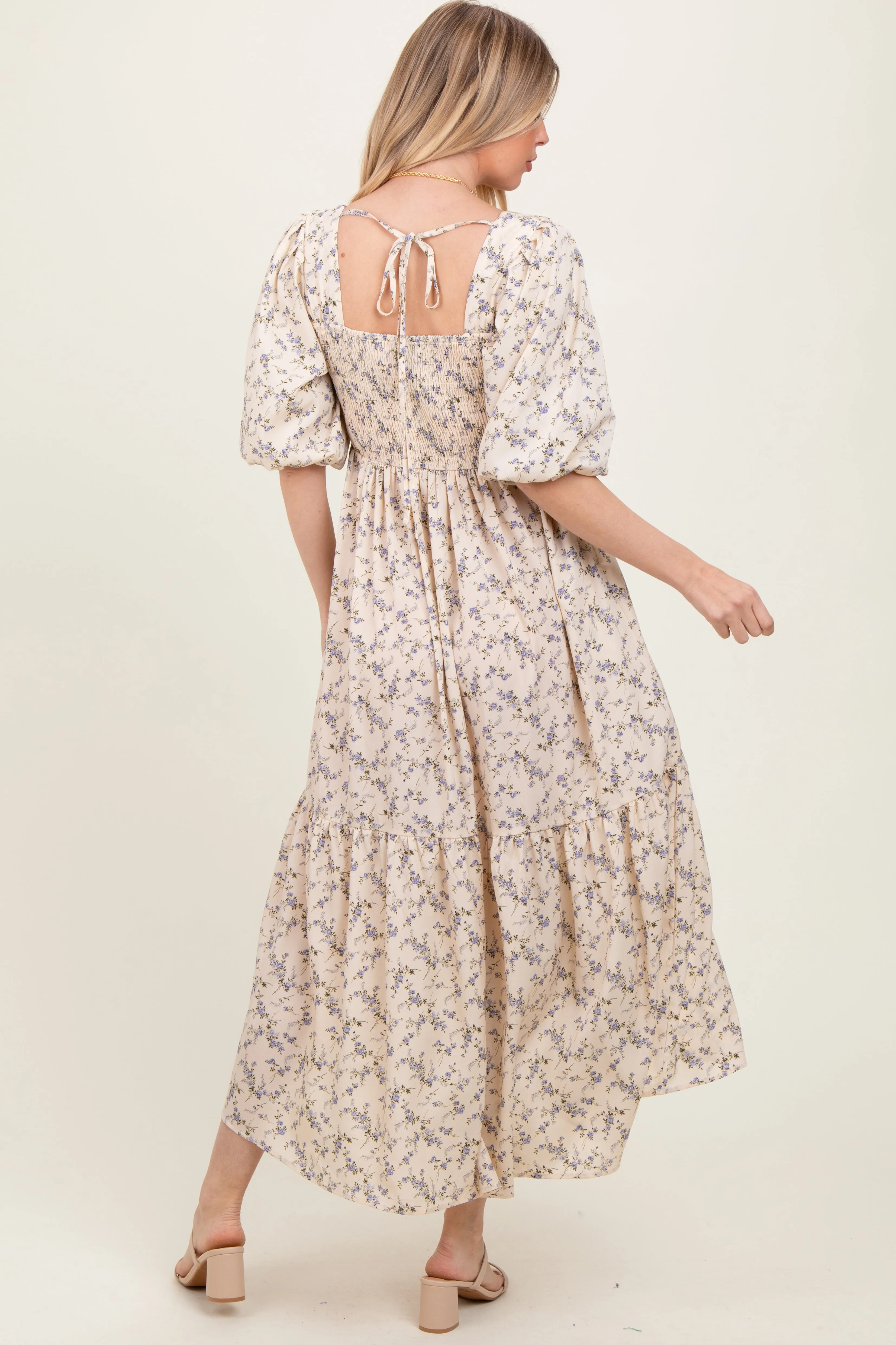 Ivory Floral Smocked Hi-Low Puff Sleeve Maxi Dress sold by Pinkblush product image thumbnail 4