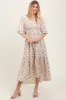 Ivory Floral Smocked Hi-Low Puff Sleeve Maxi Dress sold by Pinkblush