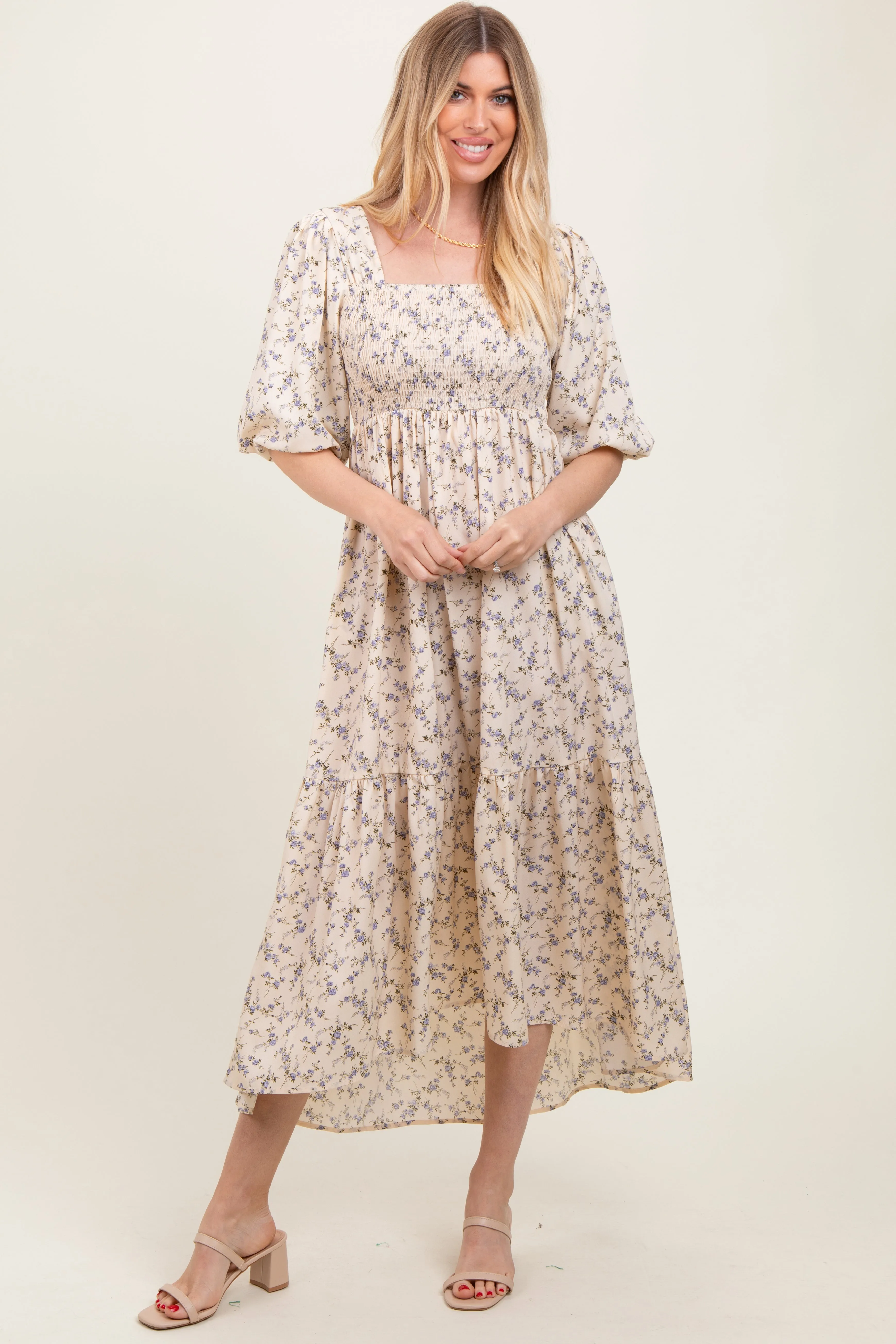 Ivory Floral Smocked Hi-Low Puff Sleeve Maxi Dress sold by Pinkblush