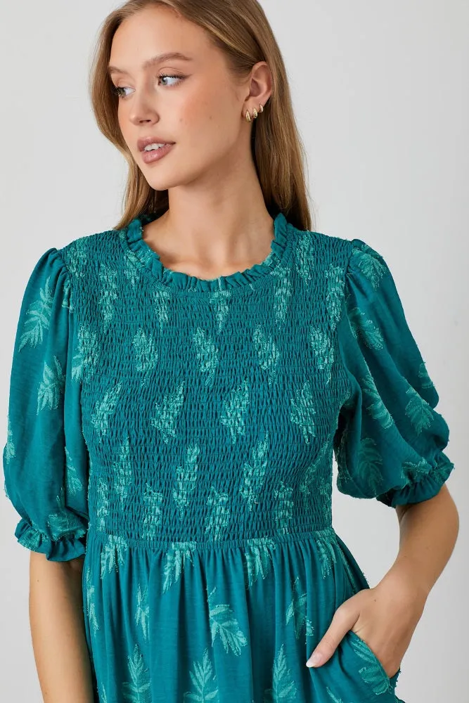 Teal Leaf Print Smocked Midi Dress sold by Pinkblush product image thumbnail 5