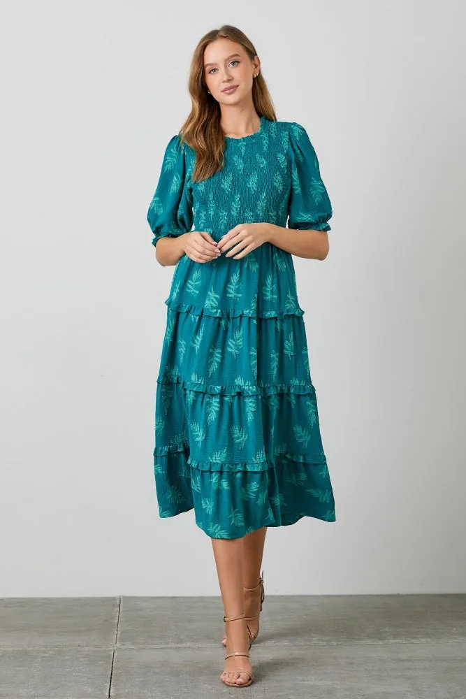 Teal Leaf Print Smocked Midi Dress sold by Pinkblush product image thumbnail 2