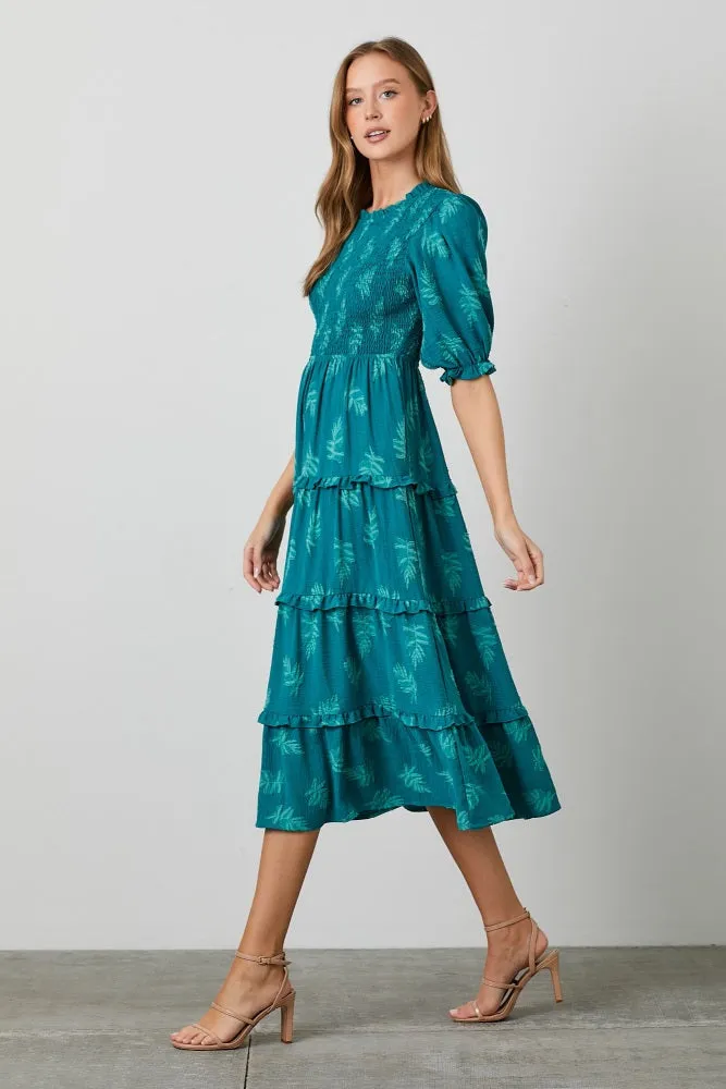 Teal Leaf Print Smocked Midi Dress sold by Pinkblush product image thumbnail 3