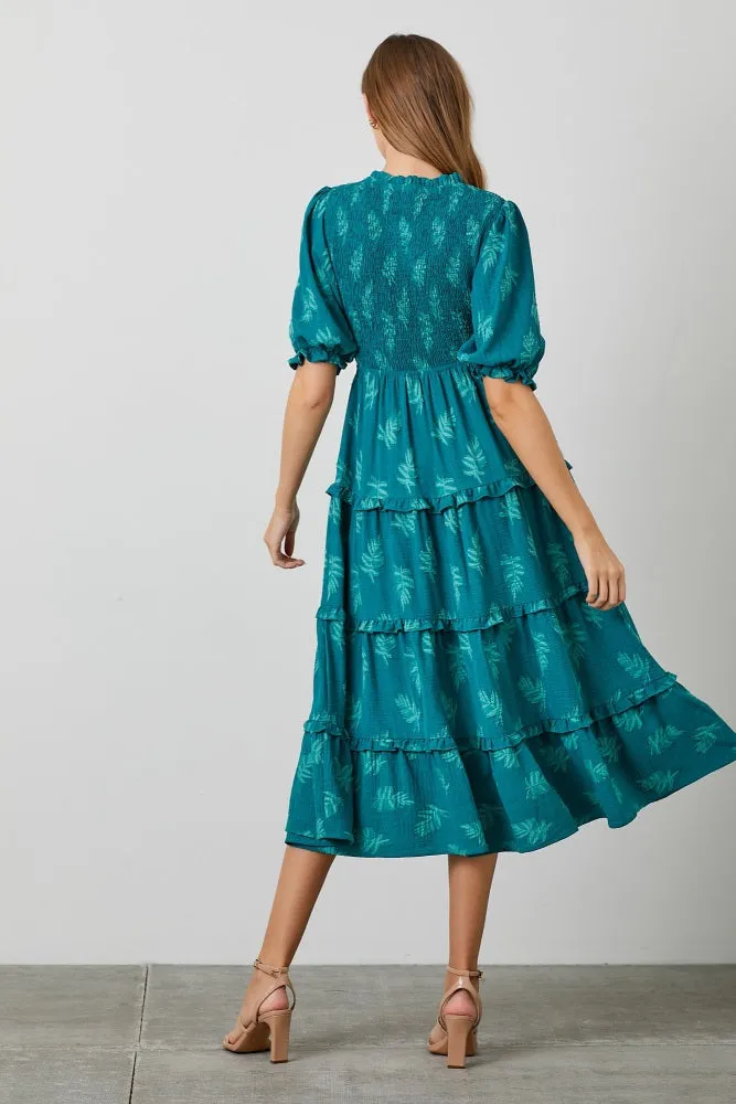 Teal Leaf Print Smocked Midi Dress sold by Pinkblush product image thumbnail 4