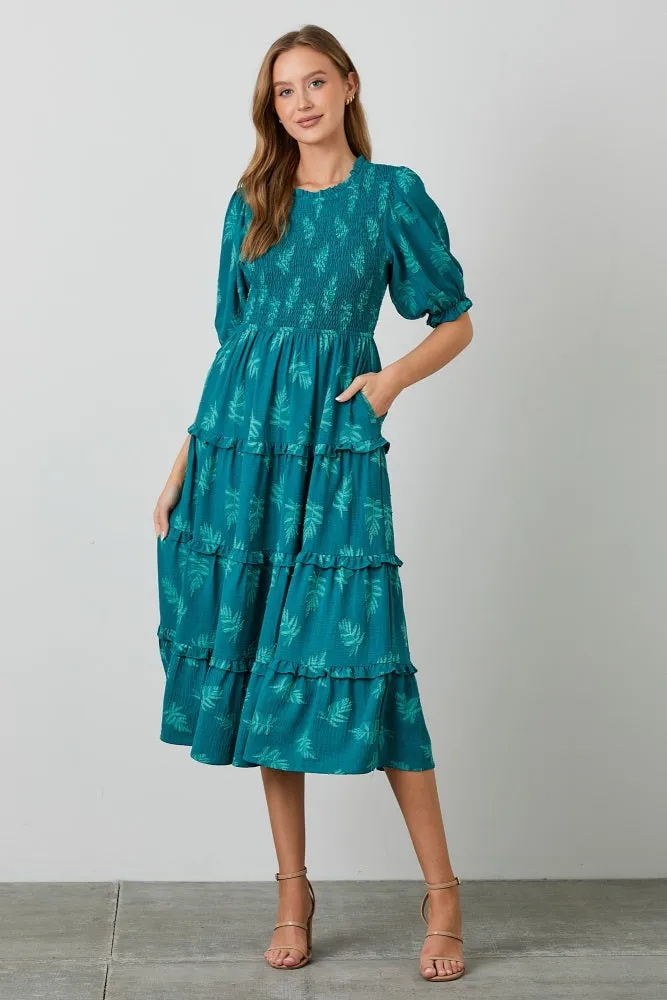 Teal Leaf Print Smocked Midi Dress sold by Pinkblush
