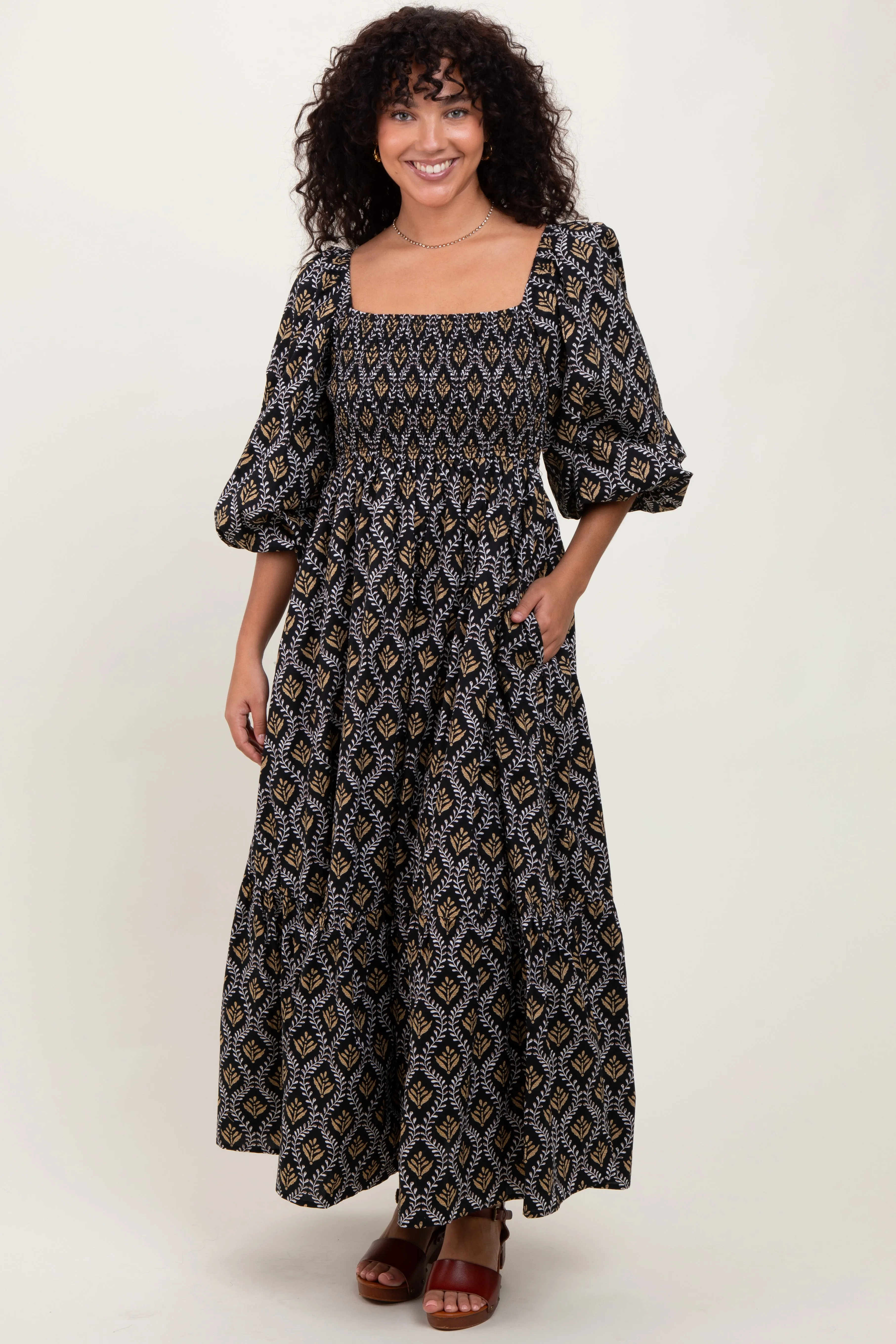 Black Damask Print Smocked Maxi Dress sold by Pinkblush