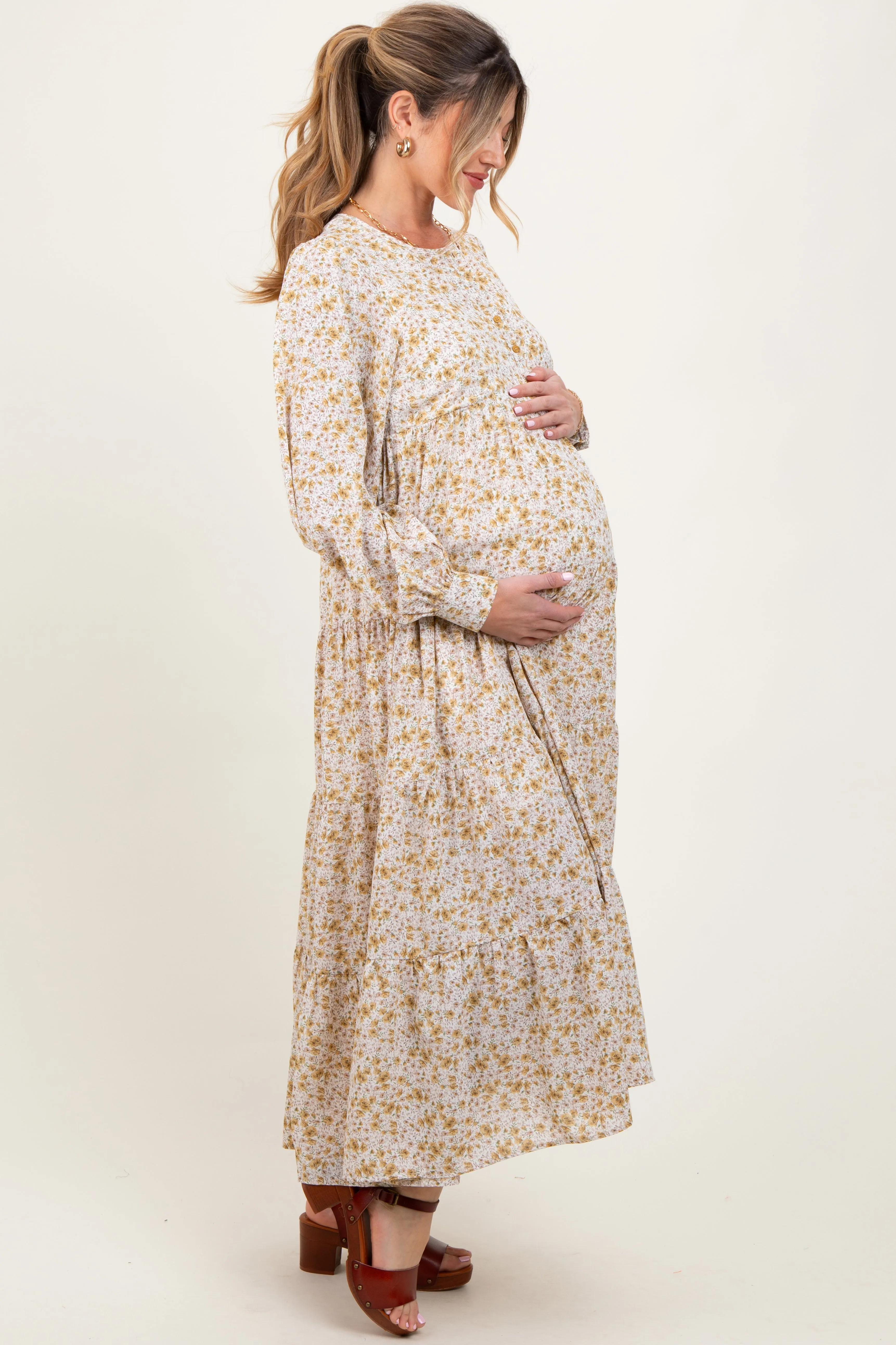 Yellow Printed Tiered Maternity Maxi Dress sold by Pinkblush product image thumbnail 2