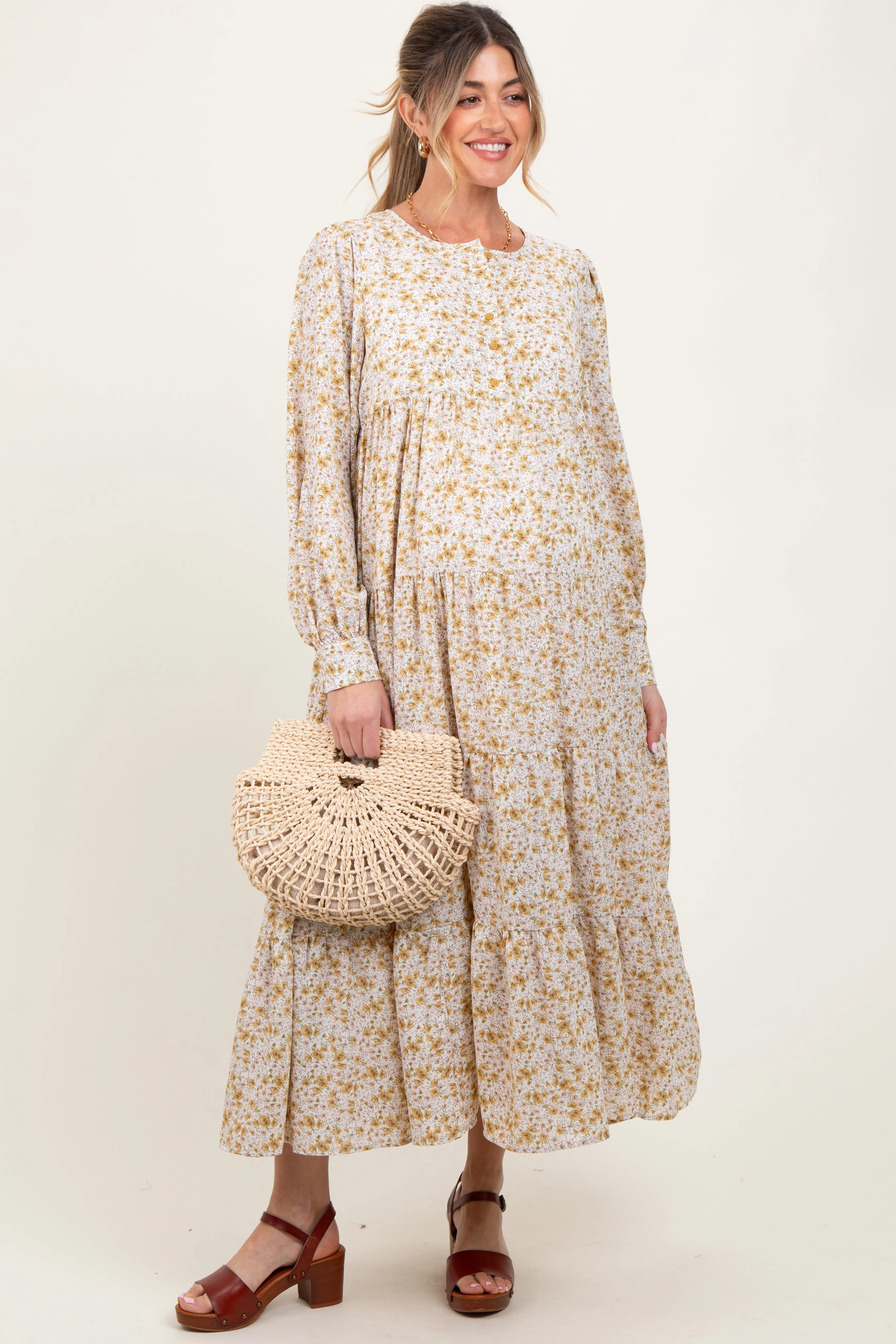 Yellow Printed Tiered Maternity Maxi Dress sold by Pinkblush