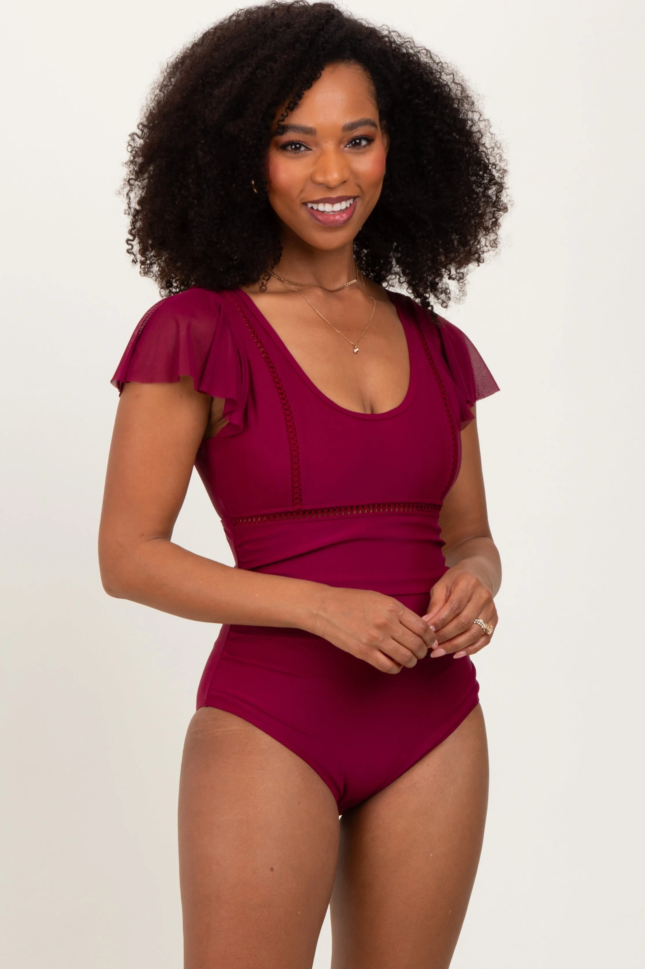 Burgundy Crochet Detail Ruched Maternity One Piece Swimsuit sold by Pinkblush product image thumbnail 5