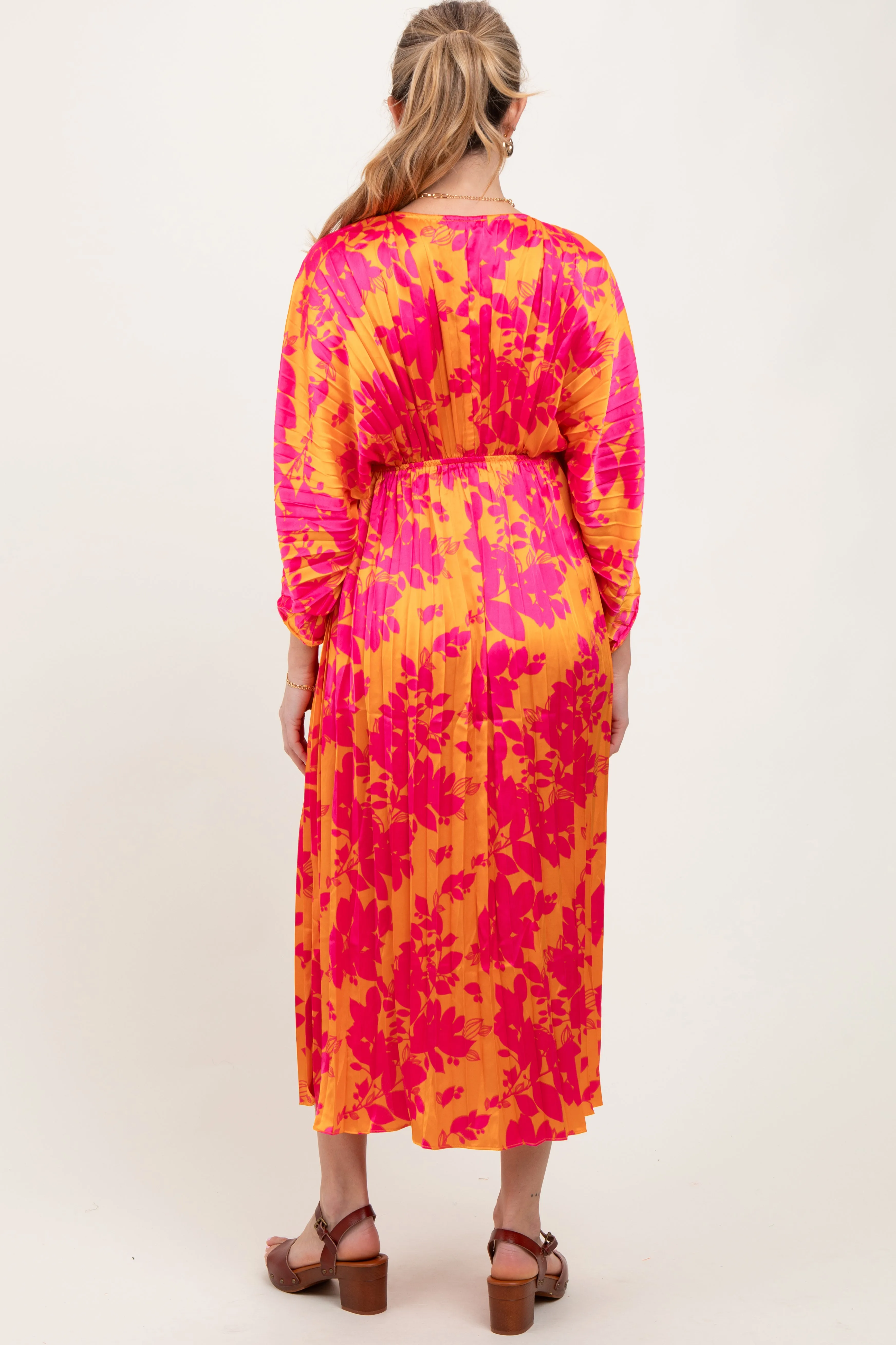 Orange Floral Satin Pleated V-Neck Maternity Maxi Dress sold by Pinkblush product image thumbnail 2