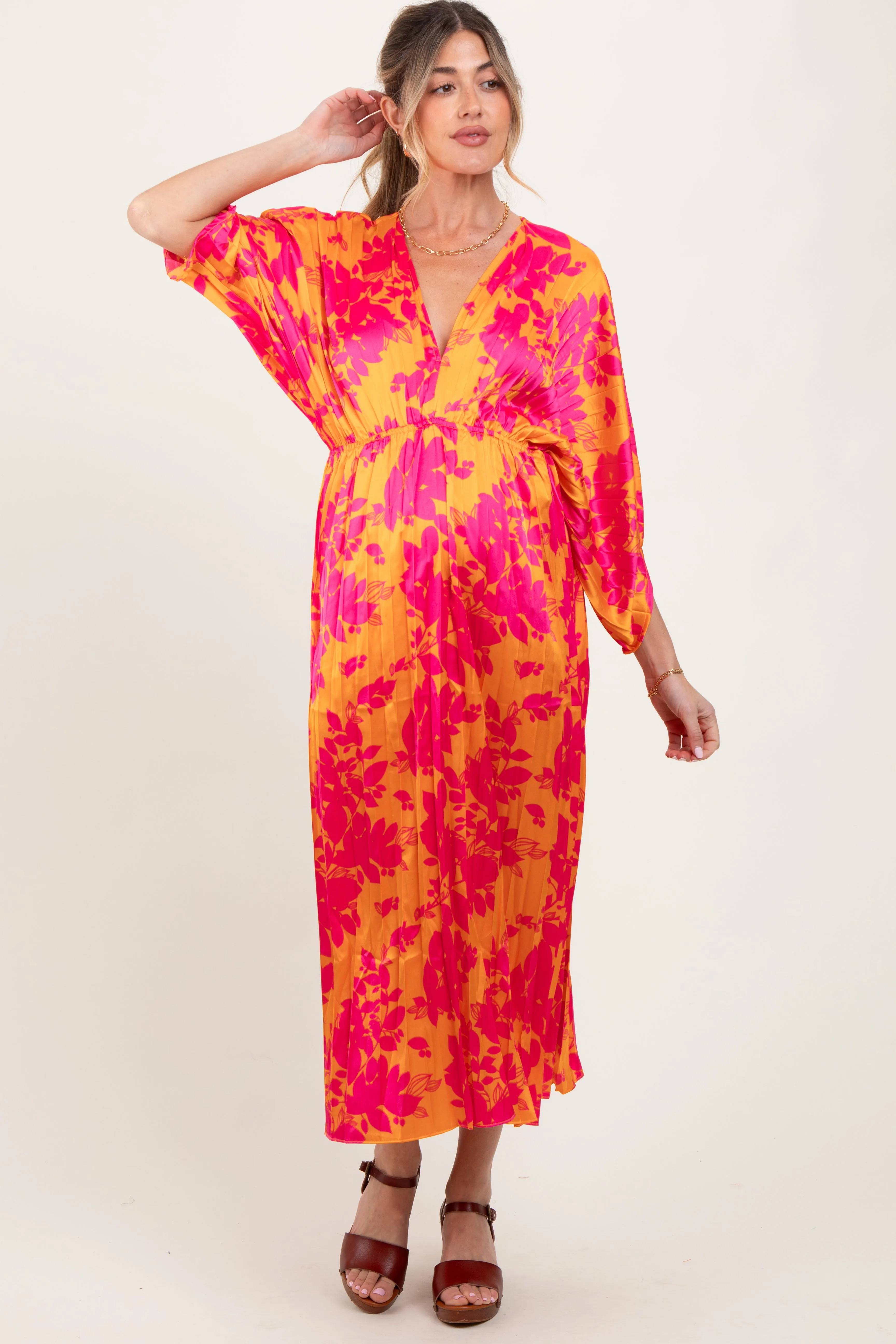 Orange Floral Satin Pleated V-Neck Maternity Maxi Dress sold by Pinkblush