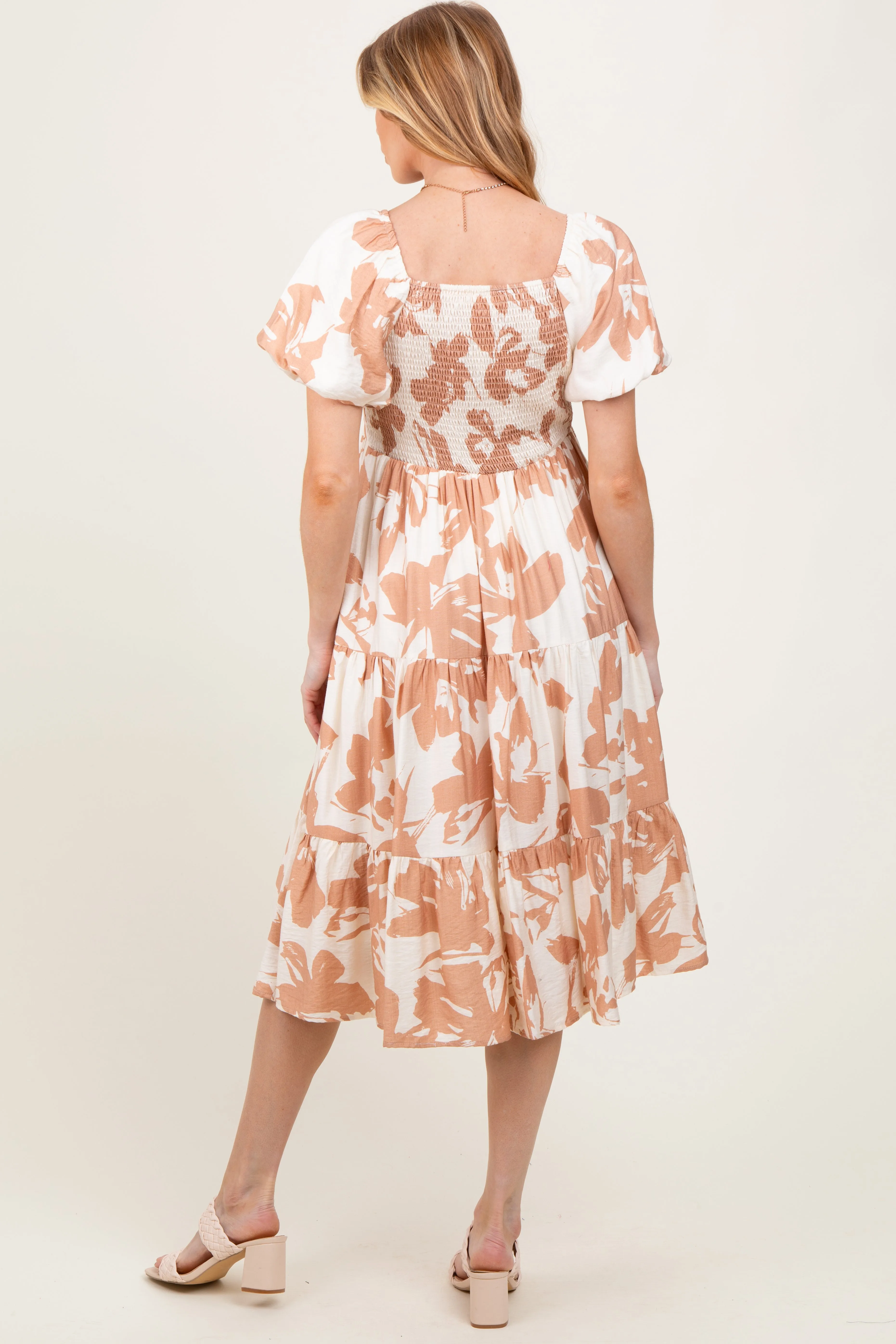 Ivory Floral Puff Sleeve Tiered Maternity Midi Dress sold by Pinkblush product image thumbnail 3