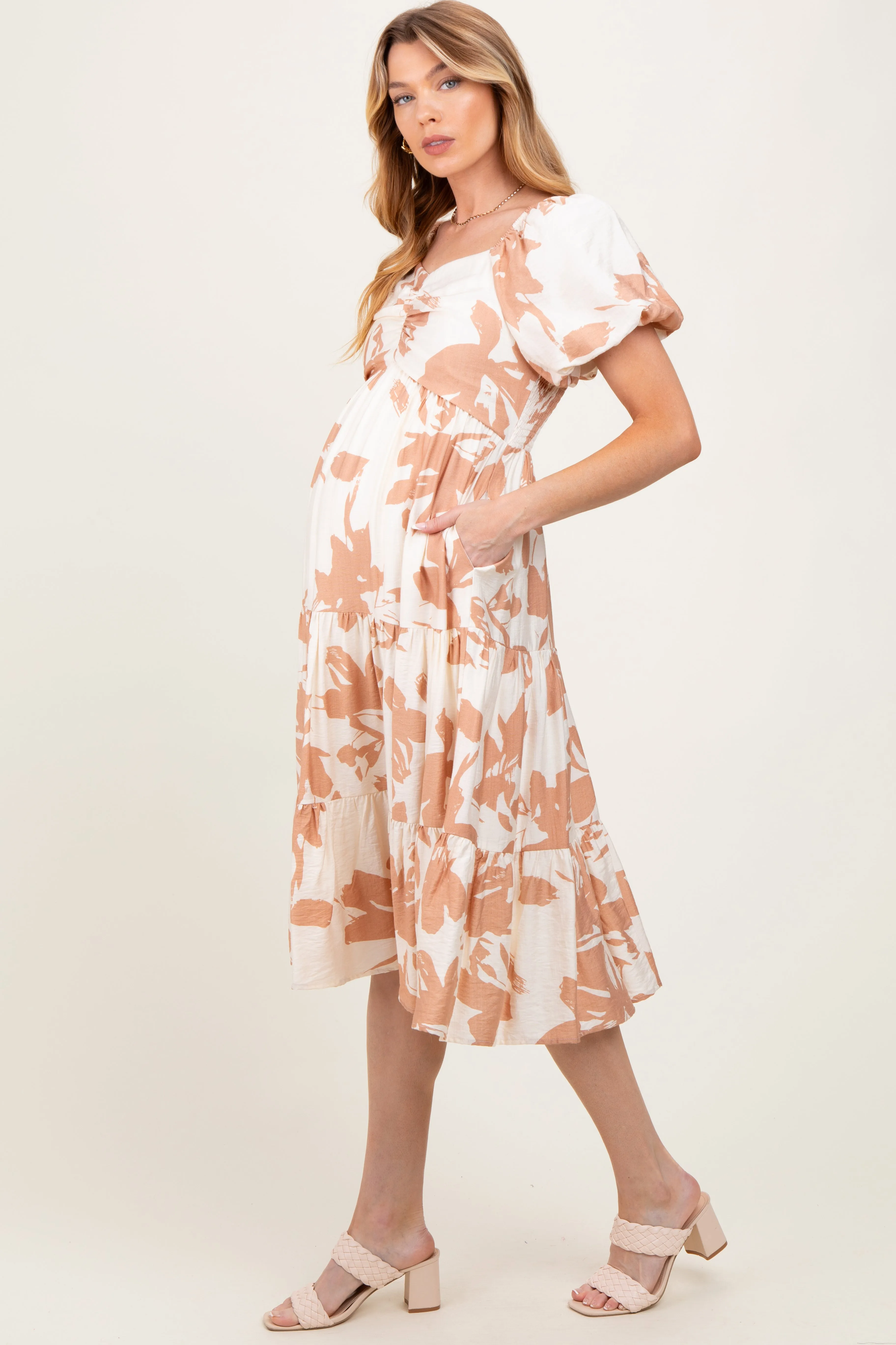 Ivory Floral Puff Sleeve Tiered Maternity Midi Dress sold by Pinkblush