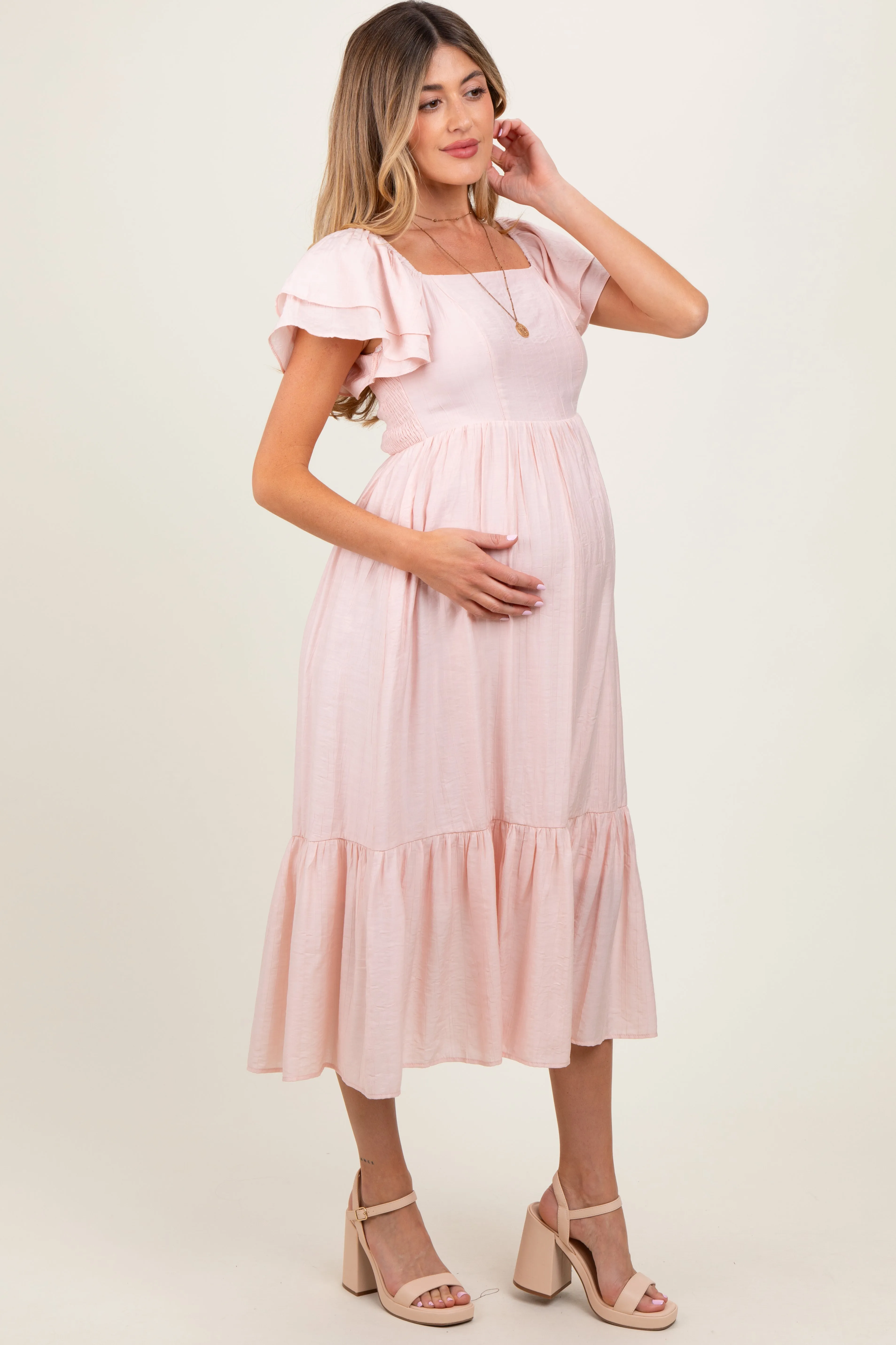 Light Pink Flutter Sleeve Maternity Midi Dress sold by Pinkblush product image thumbnail 3