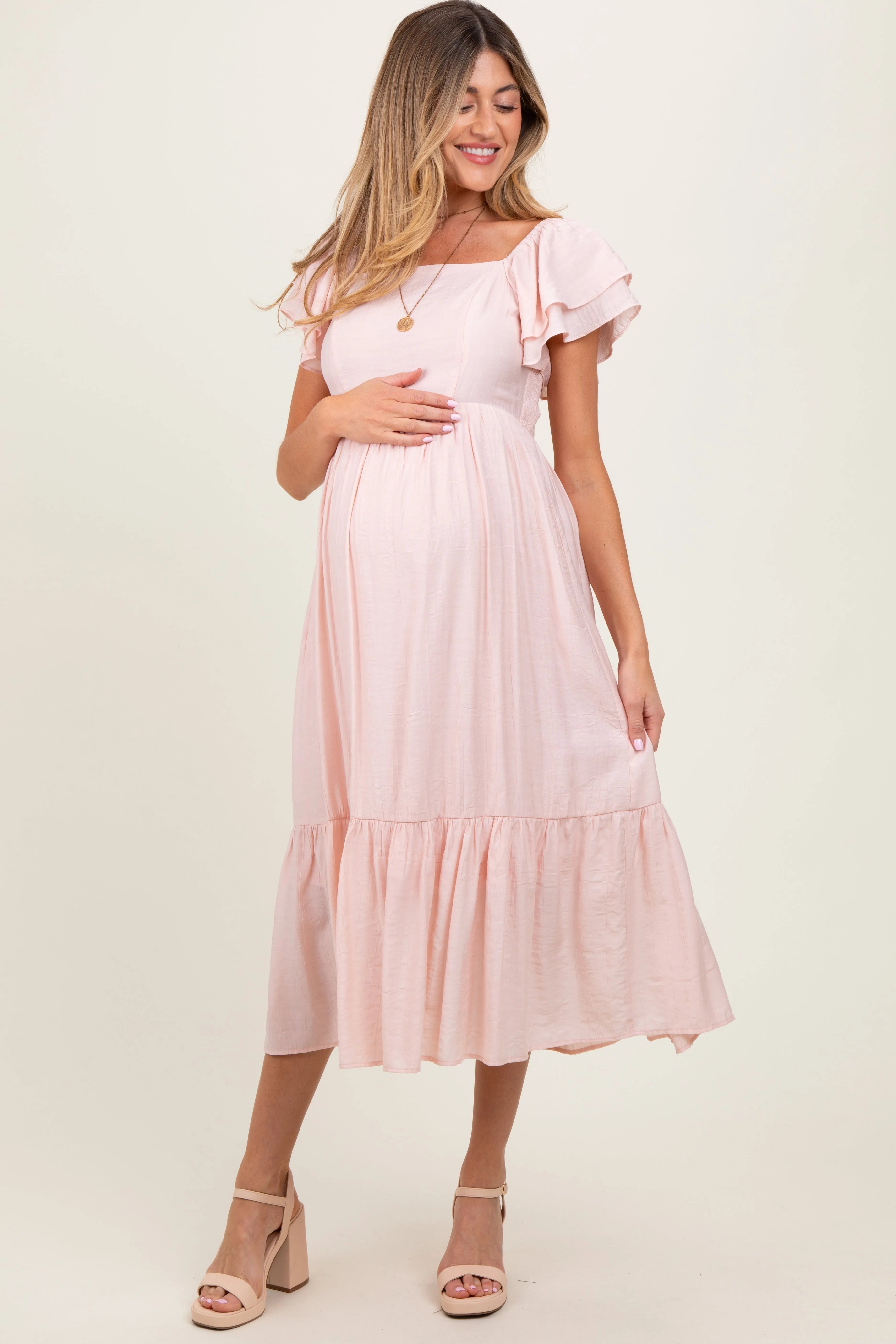 Light Pink Flutter Sleeve Maternity Midi Dress sold by Pinkblush