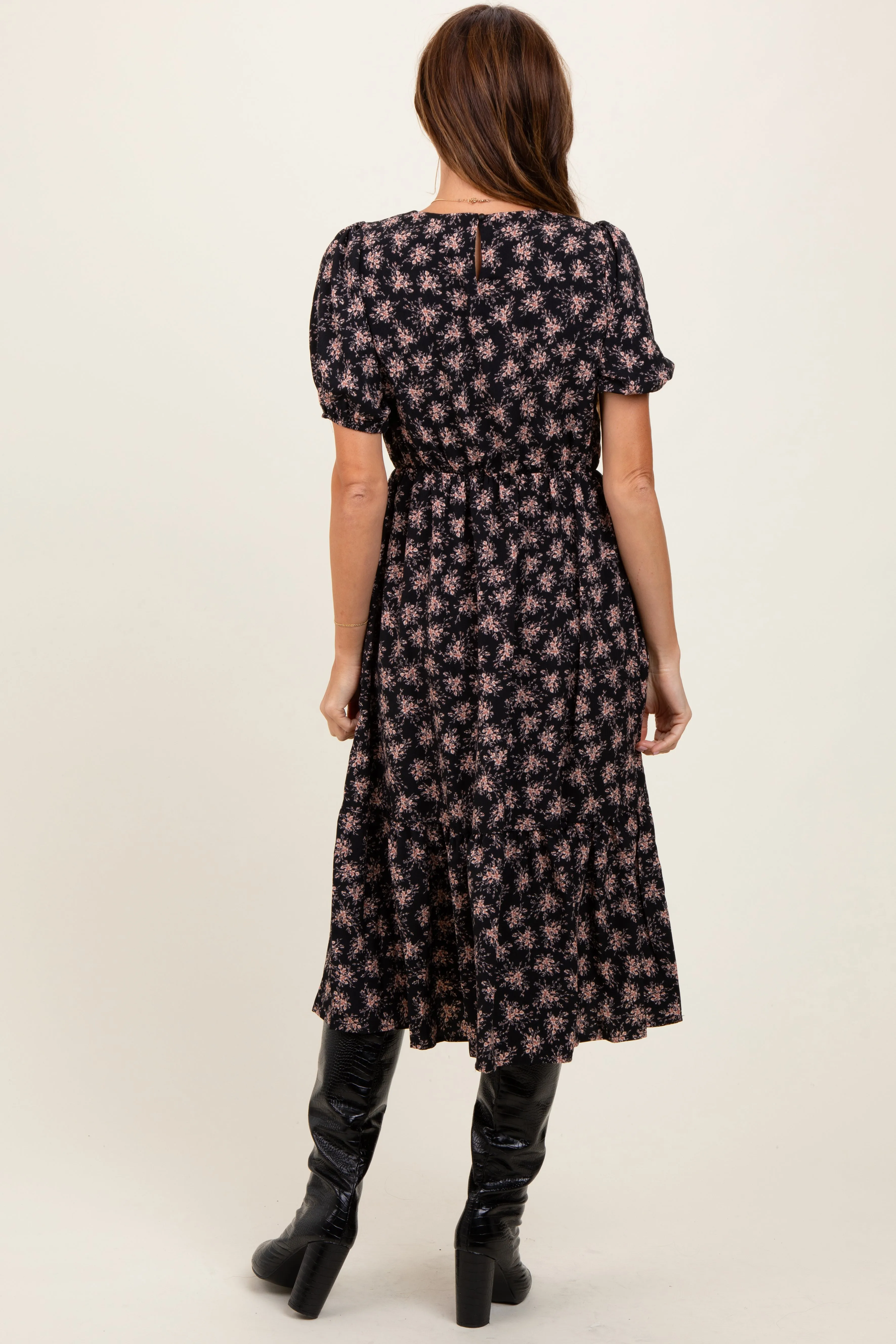 Black Floral Puff Sleeve Smocked Midi Dress sold by Pinkblush product image thumbnail 4