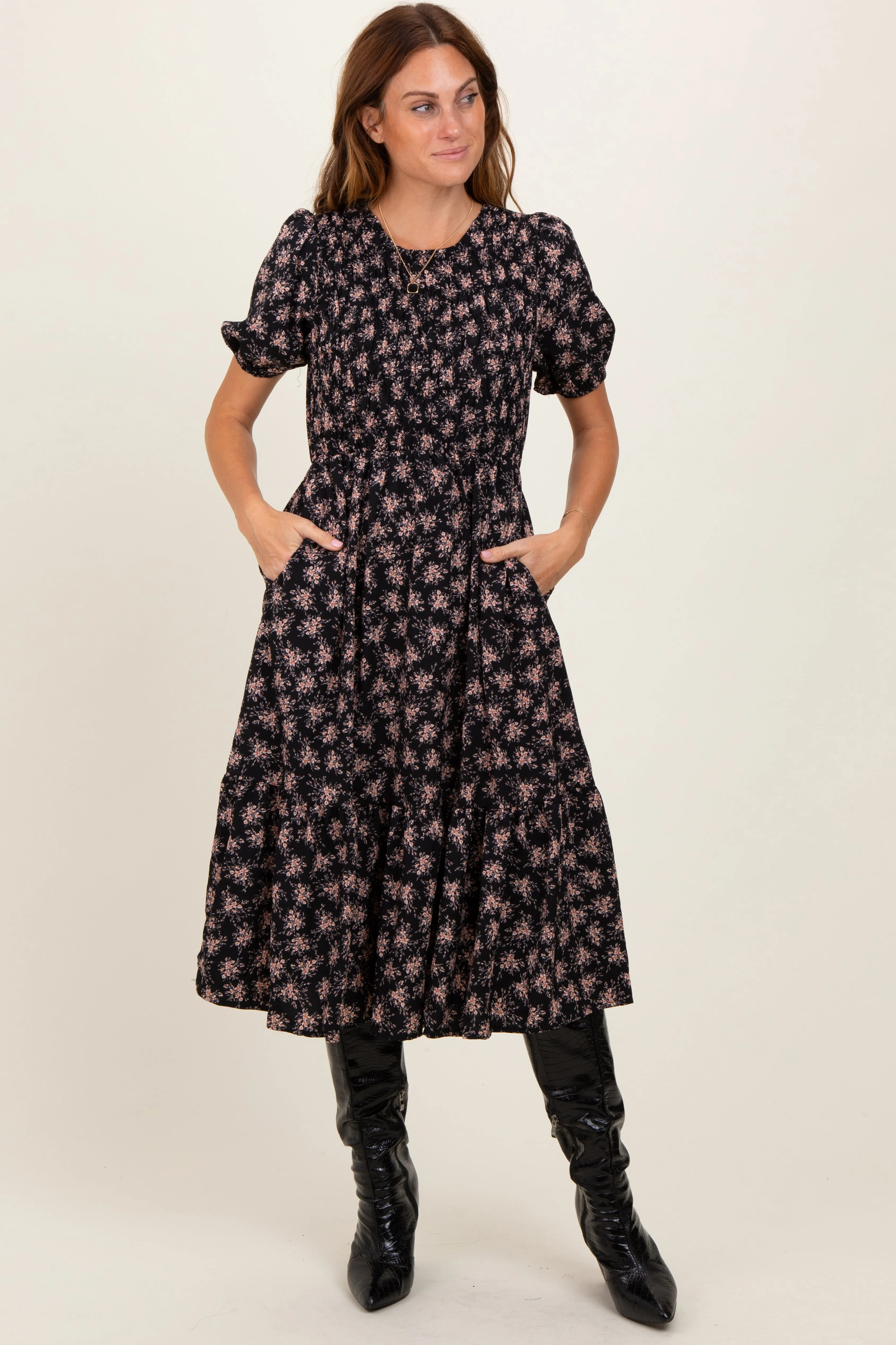 Black Floral Puff Sleeve Smocked Midi Dress sold by Pinkblush