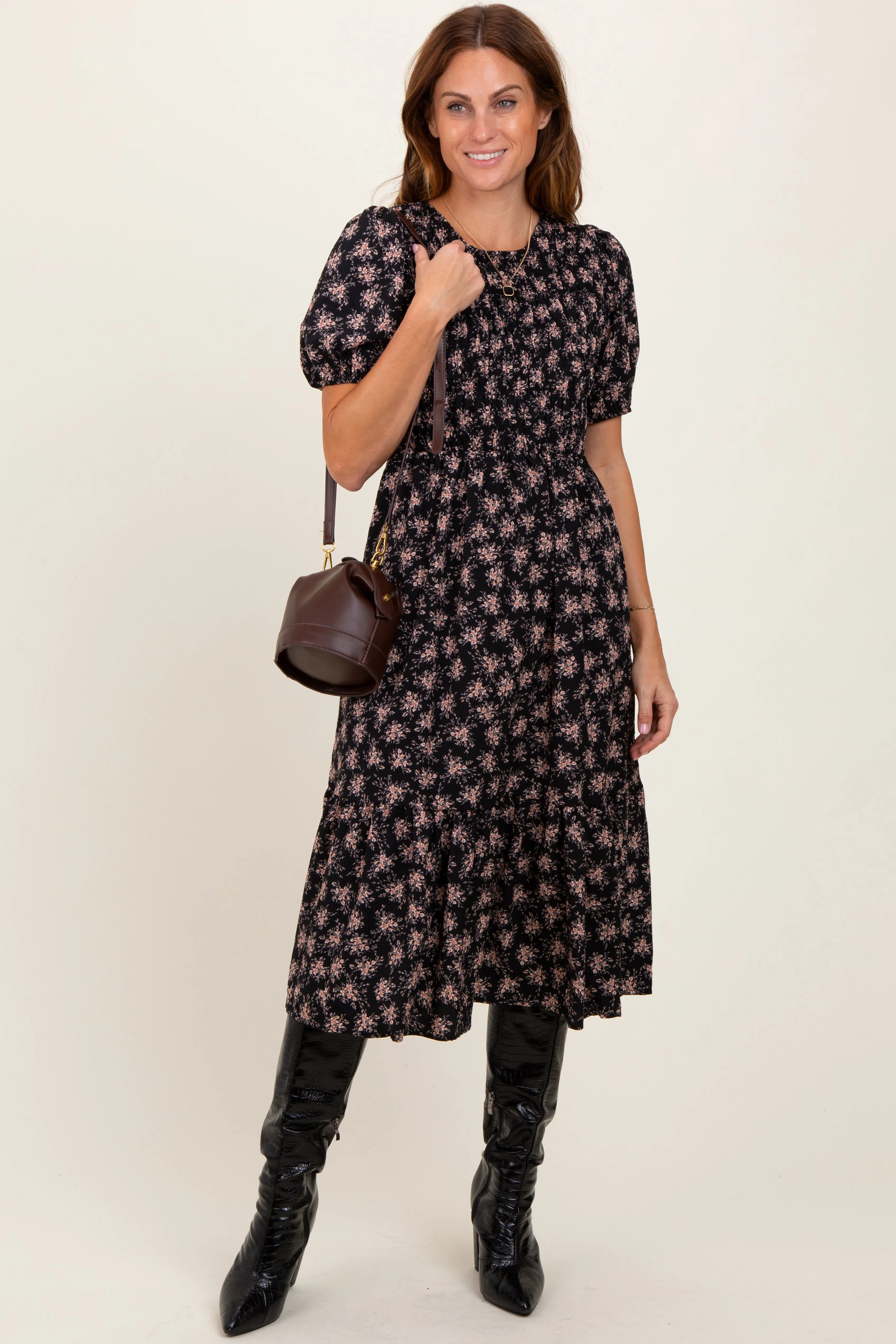 Black Floral Puff Sleeve Smocked Midi Dress sold by Pinkblush product image thumbnail 2