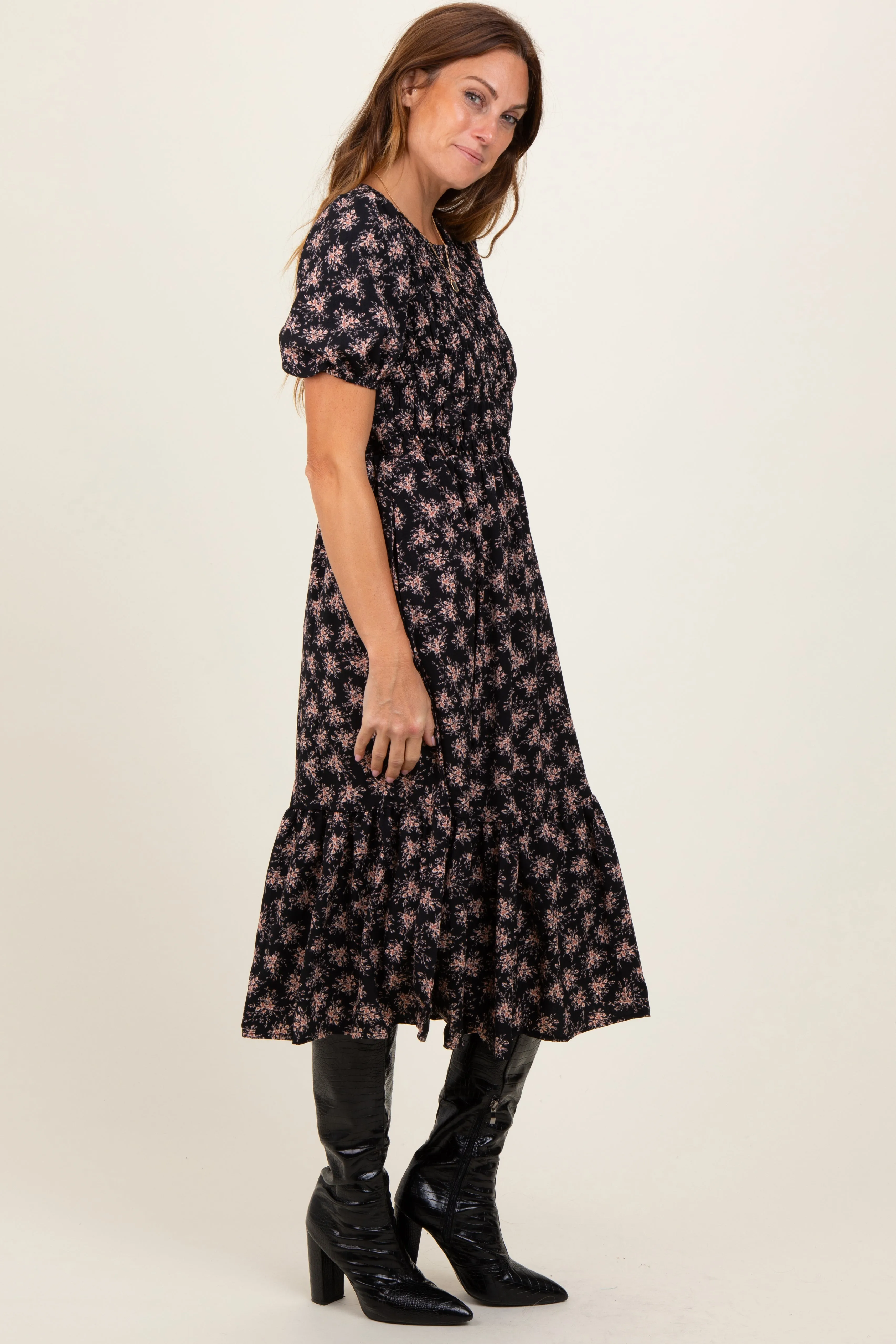 Black Floral Puff Sleeve Smocked Midi Dress sold by Pinkblush product image thumbnail 3