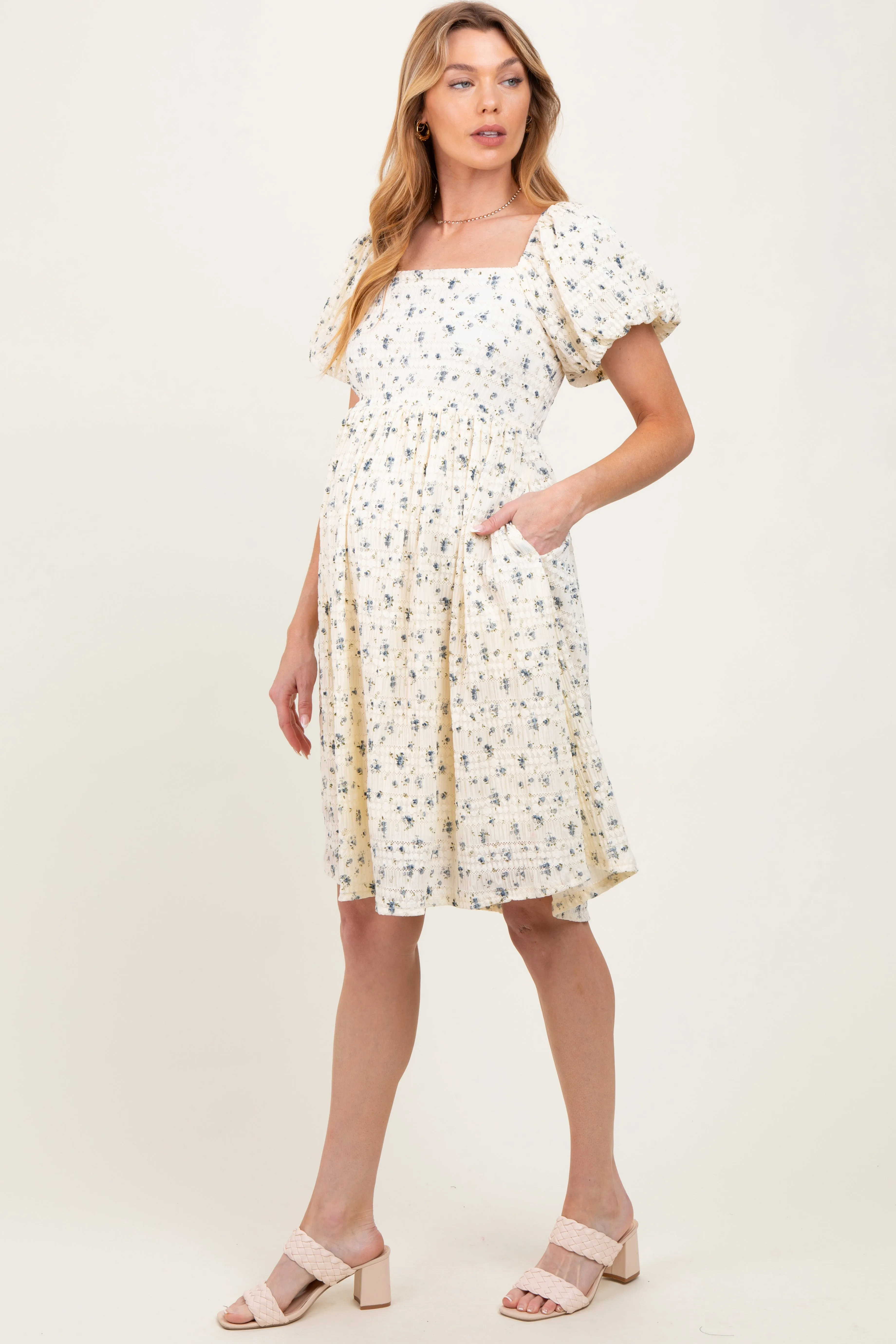 Cream Textured Knit Square Neck Maternity Midi Dress sold by Pinkblush