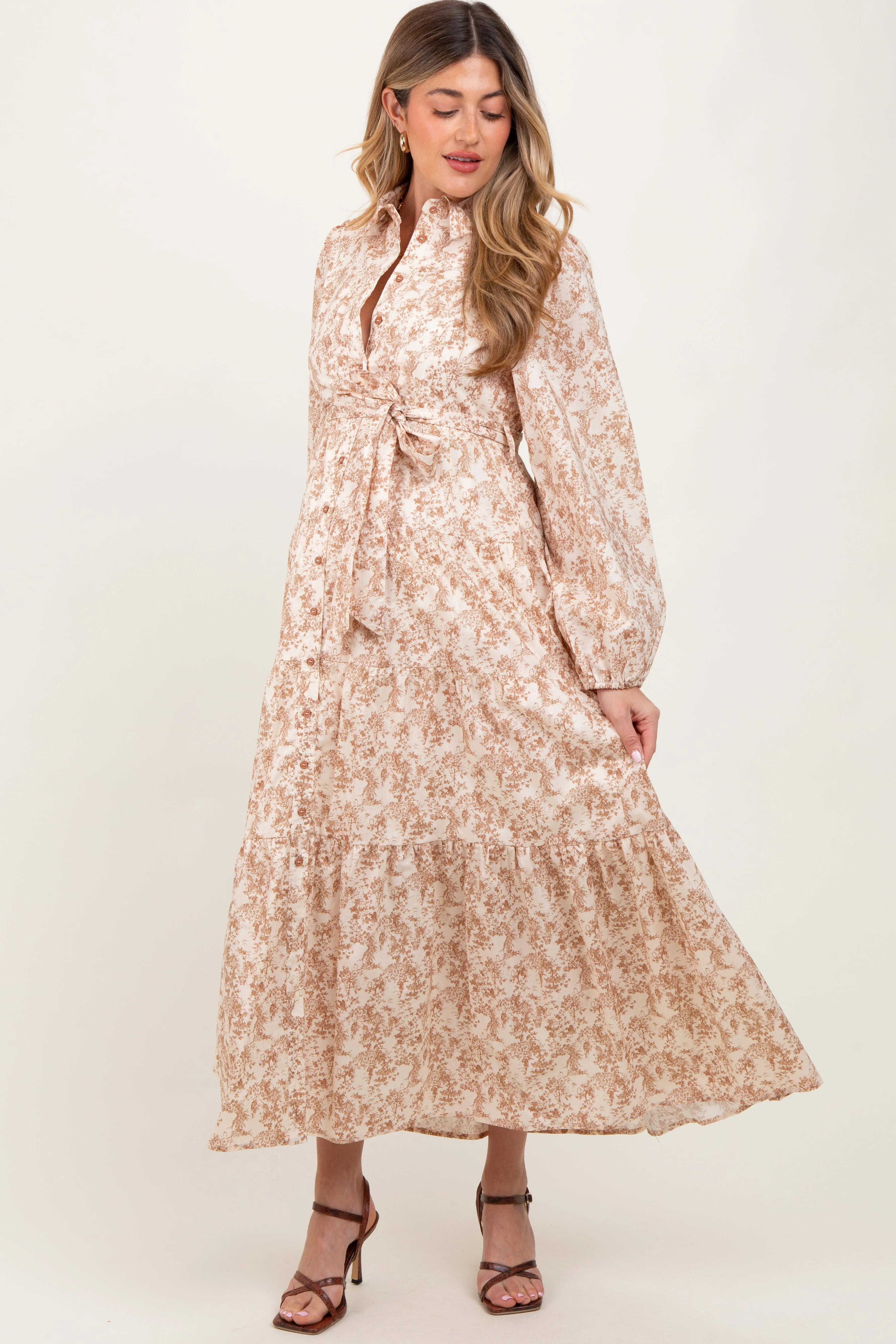 Mocha Cotton Toile Print Button Down Maternity Maxi Dress sold by Pinkblush product image thumbnail 2