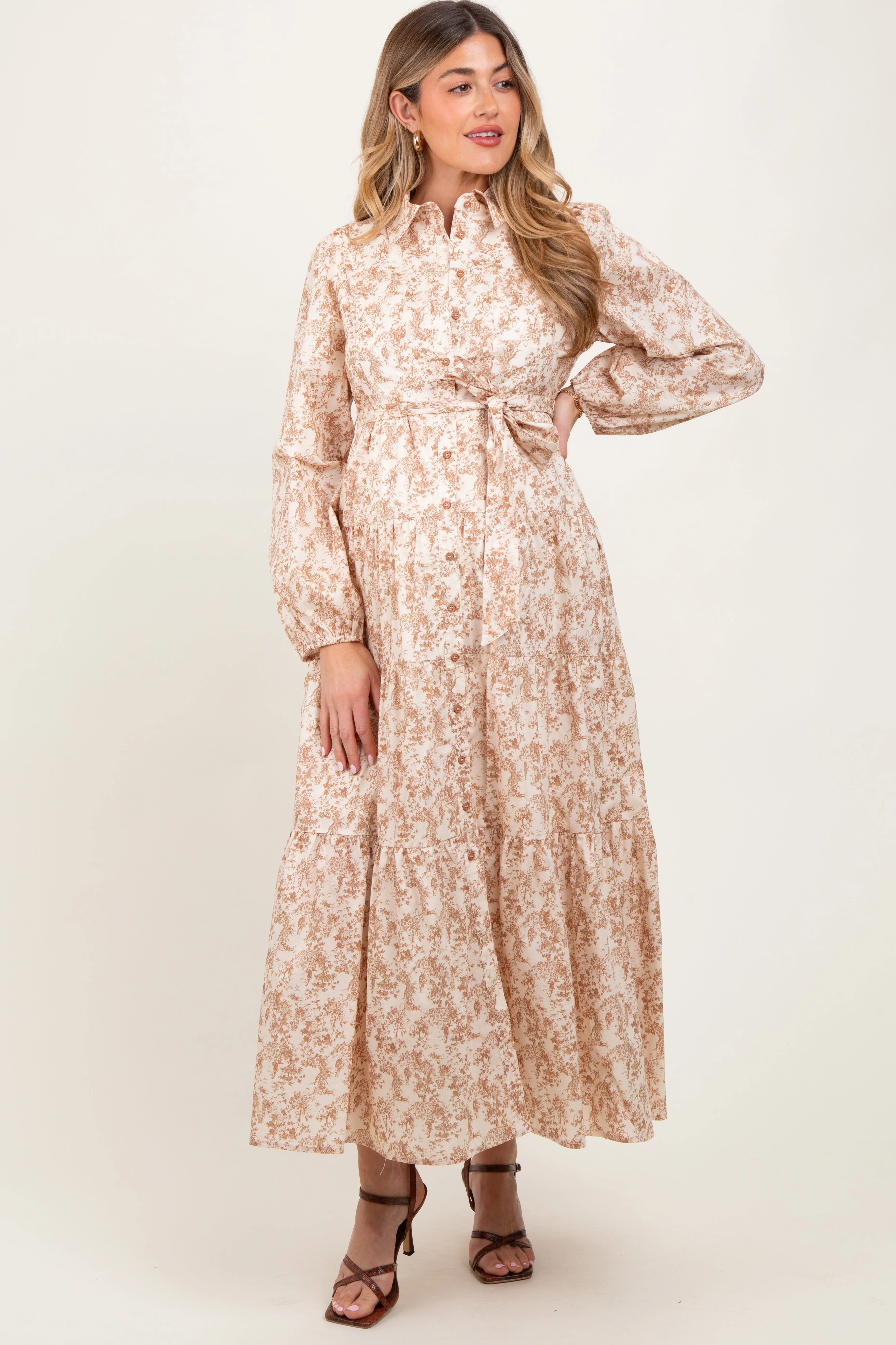 Mocha Cotton Toile Print Button Down Maternity Maxi Dress sold by Pinkblush