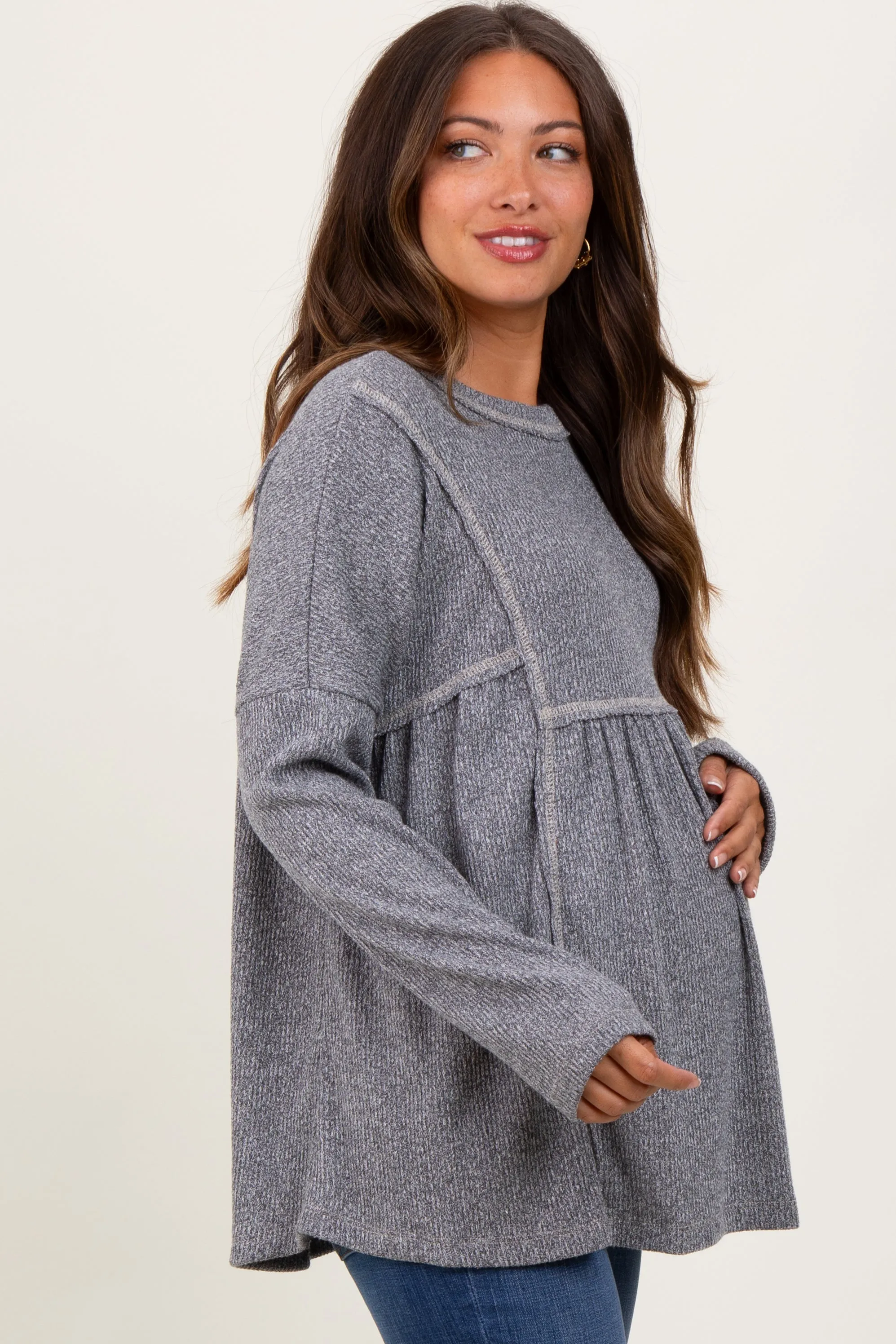Charcoal Ribbed Brushed Knit Oversized Long Sleeve Maternity Top sold by Pinkblush product image thumbnail 3