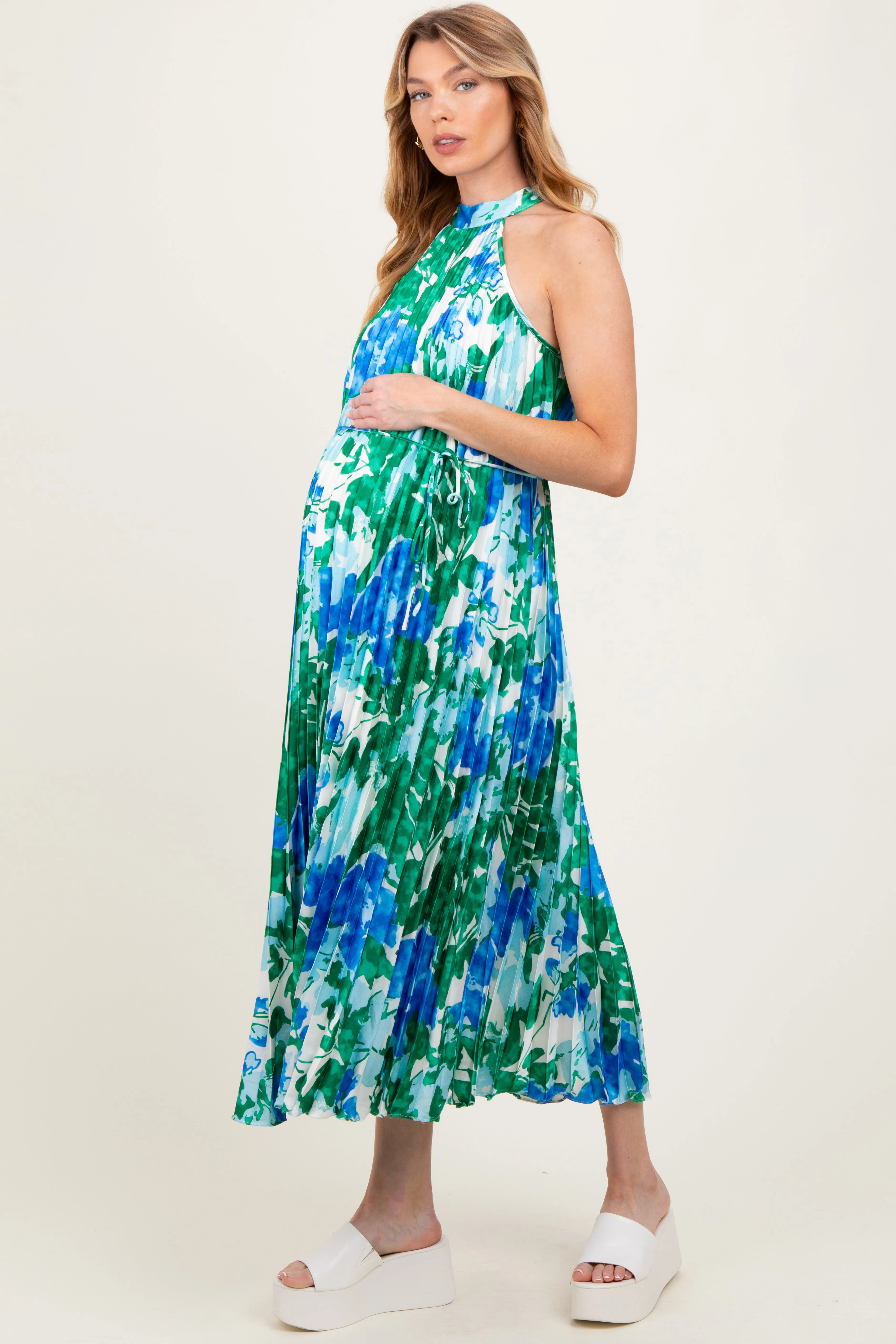 Blue Floral Satin Pleated Halter Neck Maternity Midi Dress sold by Pinkblush