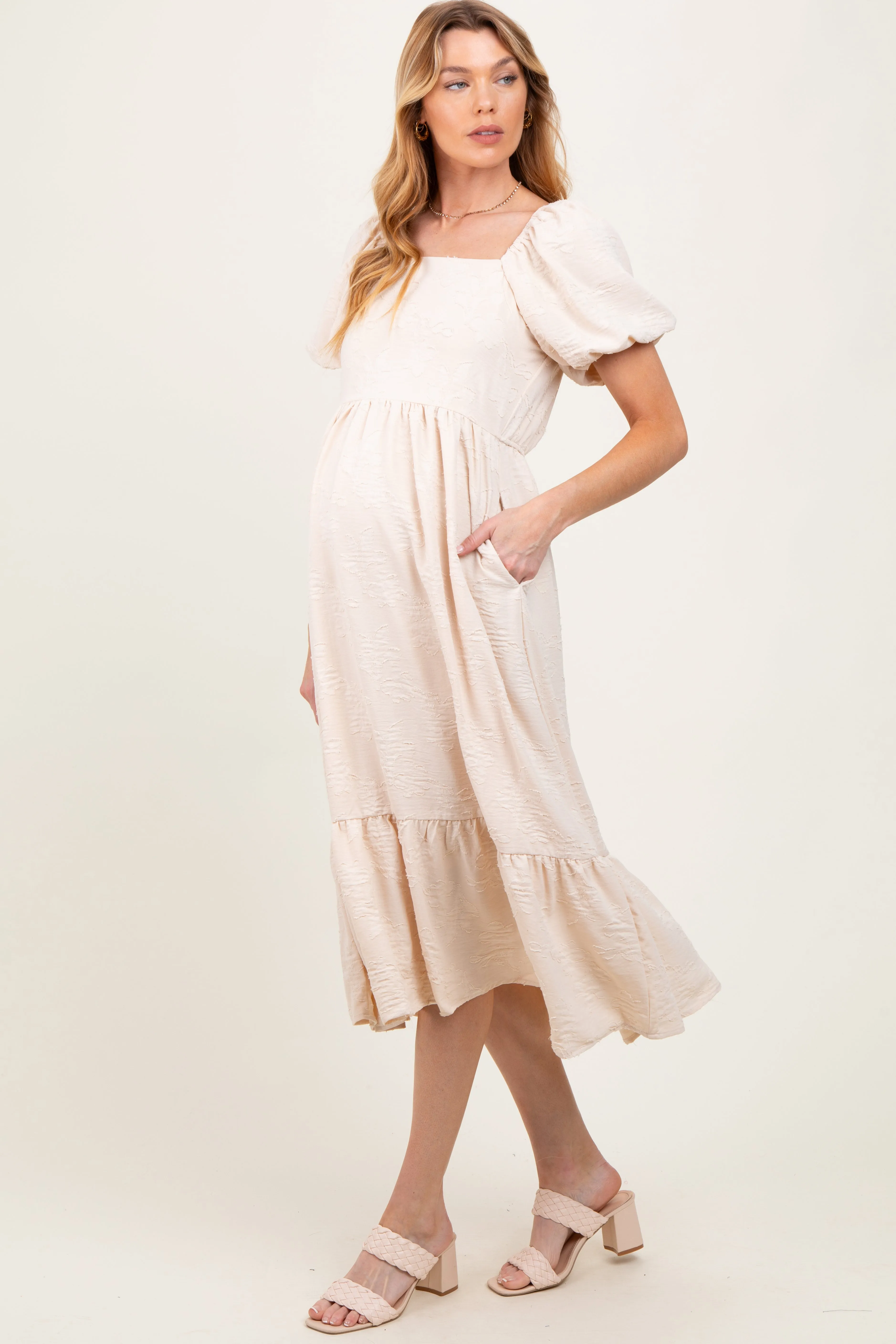 Cream Textured Square Neck Puff Sleeve Maternity Midi Dress sold by Pinkblush product image thumbnail 2